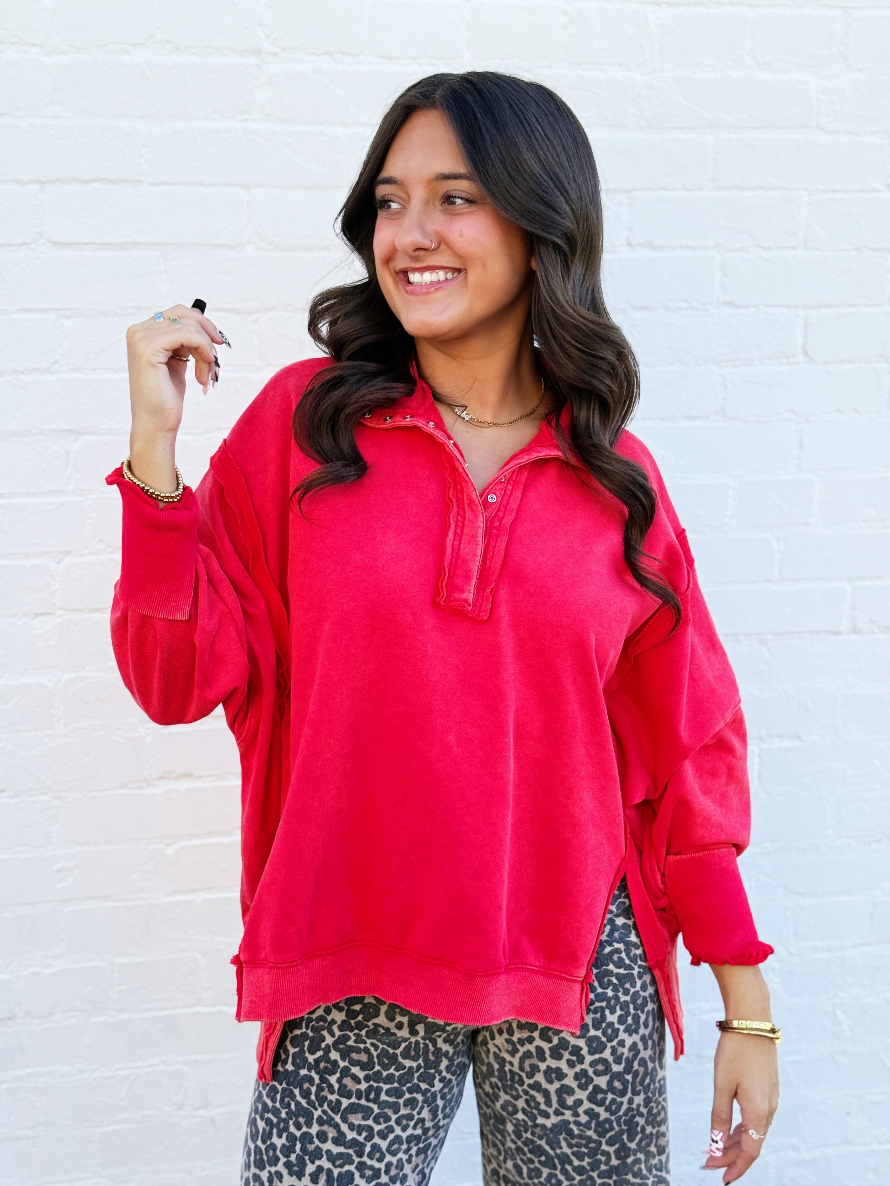 ee:some Tops - Sweatshirts Snap Collared Pullover In Red