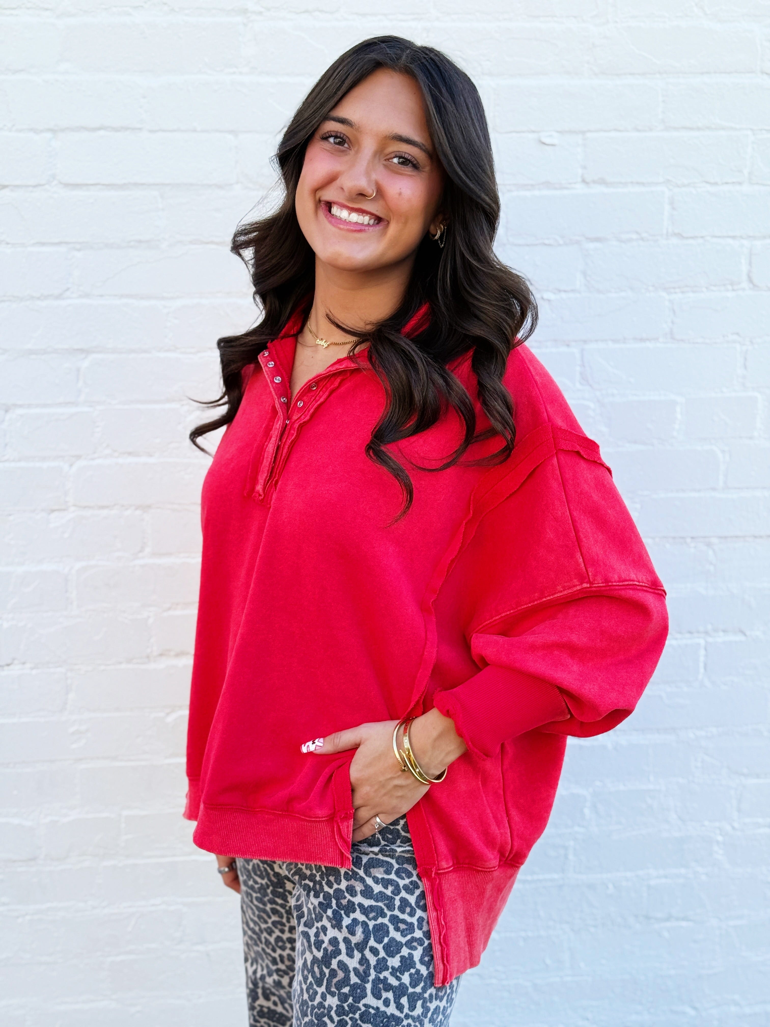 ee:some Tops - Sweatshirts Snap Collared Pullover In Red
