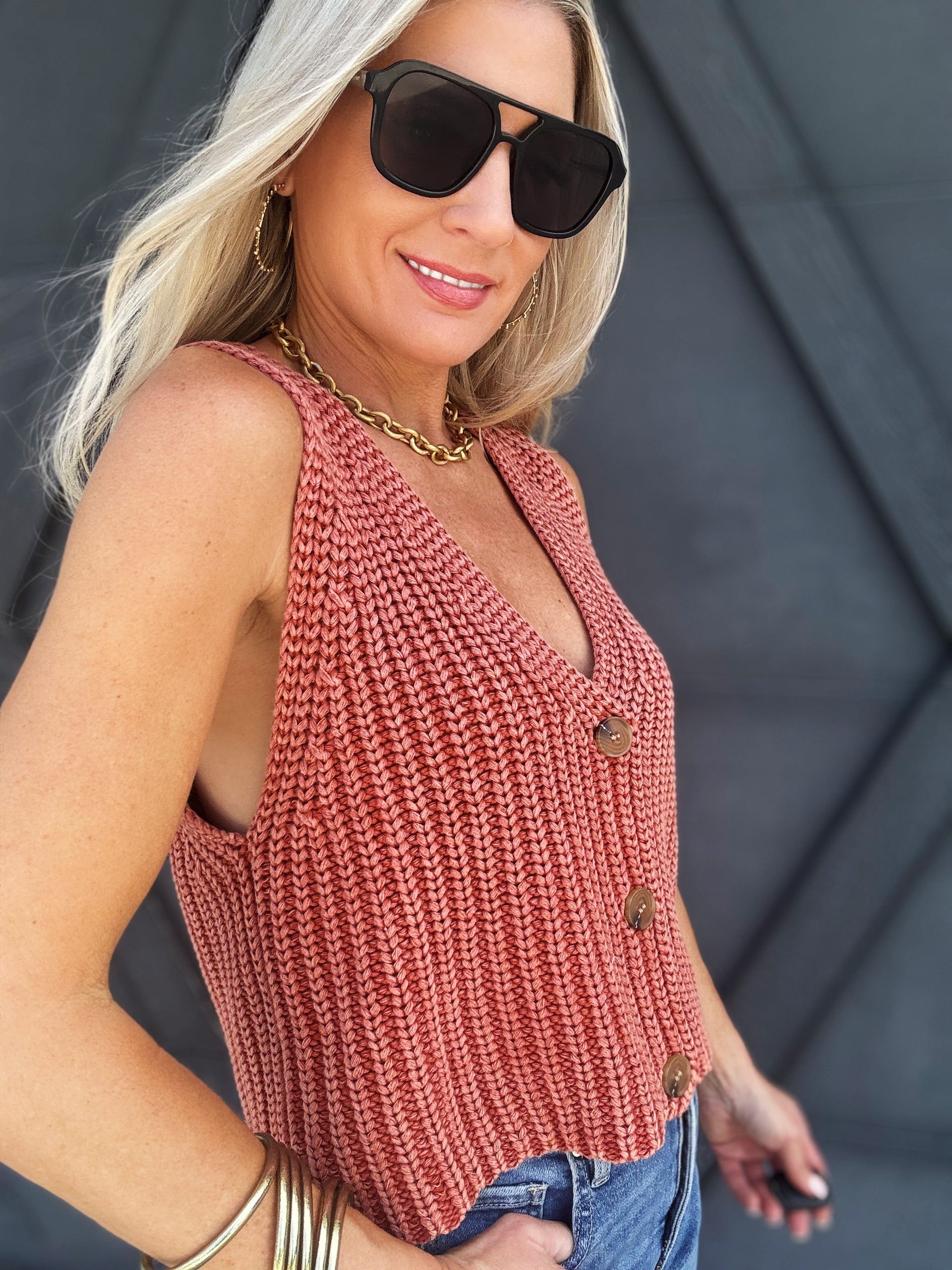 Cropped Button Up Sweater In Rust - Infinity Raine
