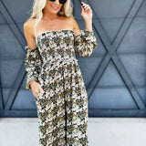 Floral Print Off Shoulder Maxi Dress In Midnight - Infinity Raine
