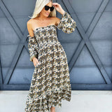 Floral Print Off Shoulder Maxi Dress In Midnight - Infinity Raine