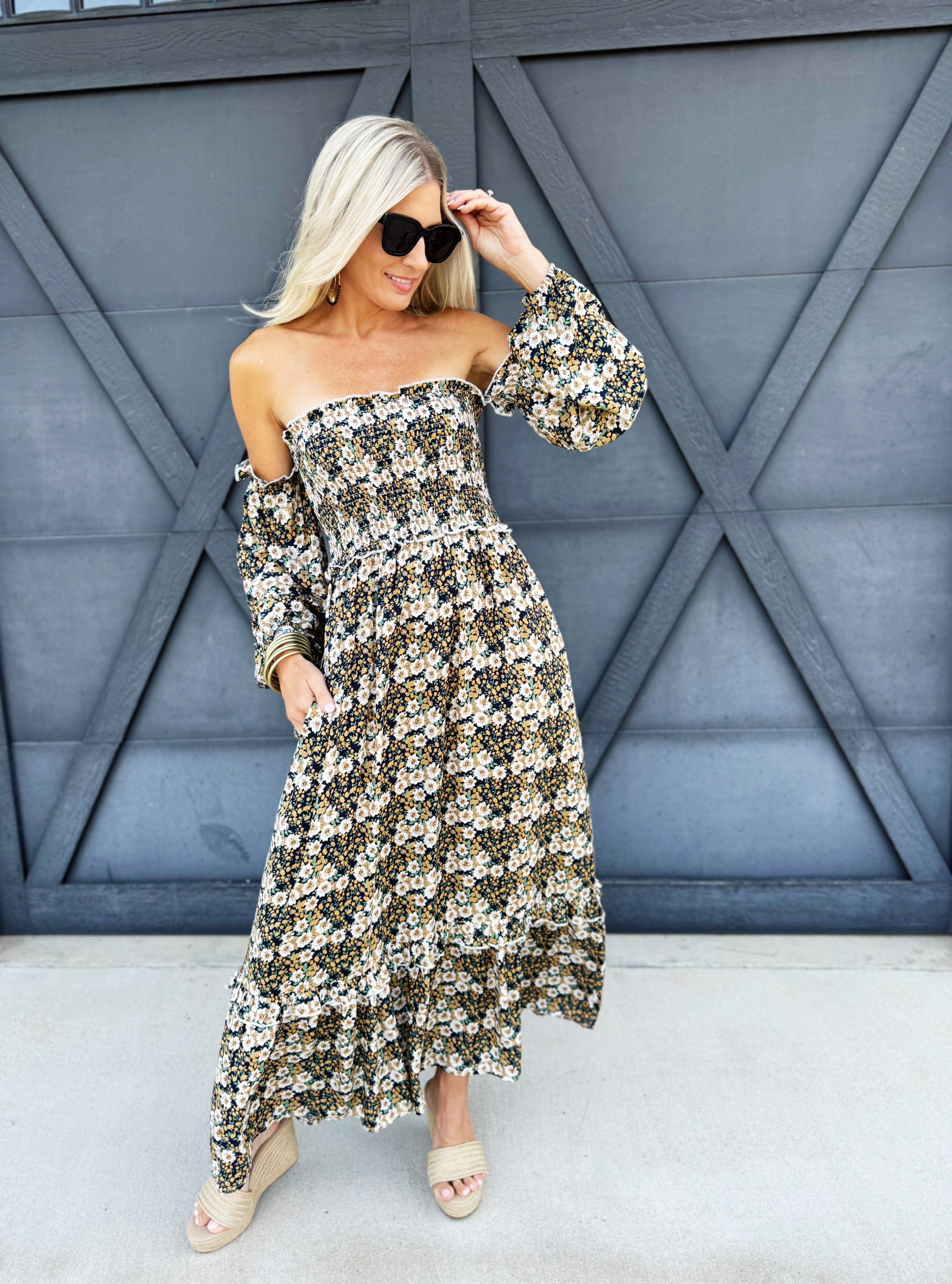 Floral Print Off Shoulder Maxi Dress In Midnight - Infinity Raine