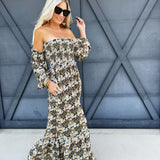 Floral Print Off Shoulder Maxi Dress In Midnight - Infinity Raine