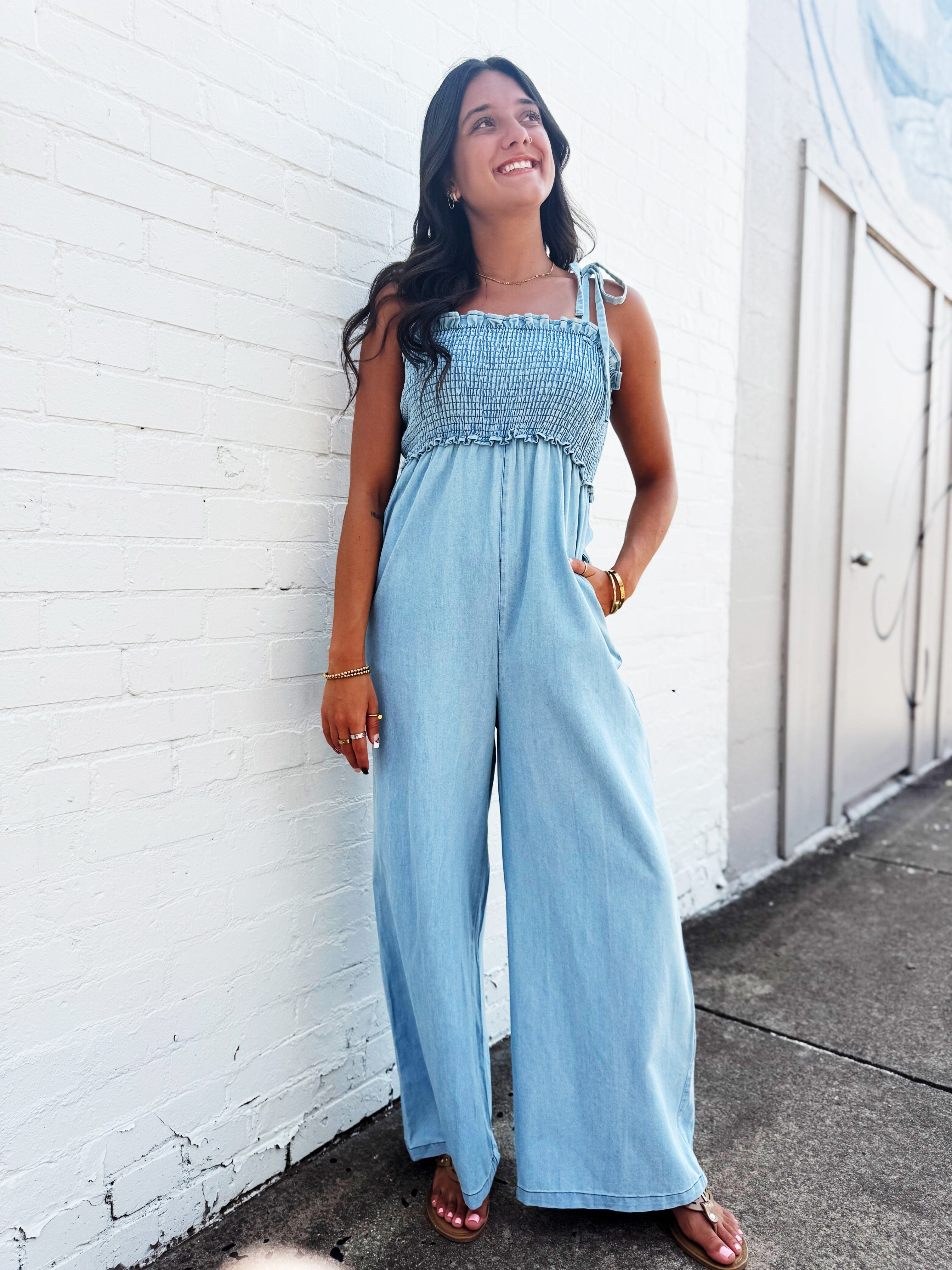 Shoulder Tie Smocked Jumpsuit In Light - Infinity Raine