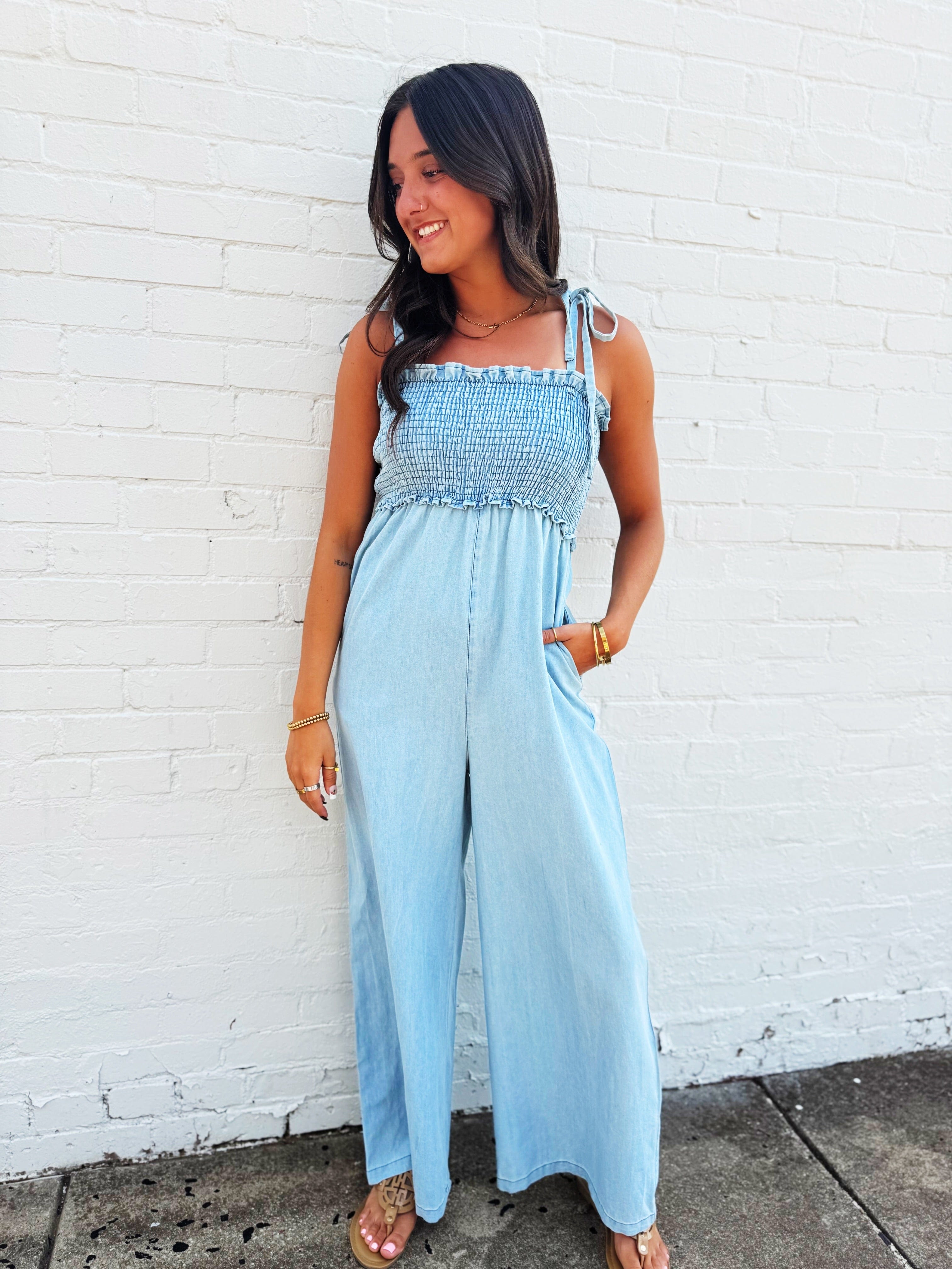 Shoulder Tie Smocked Jumpsuit In Light - Infinity Raine