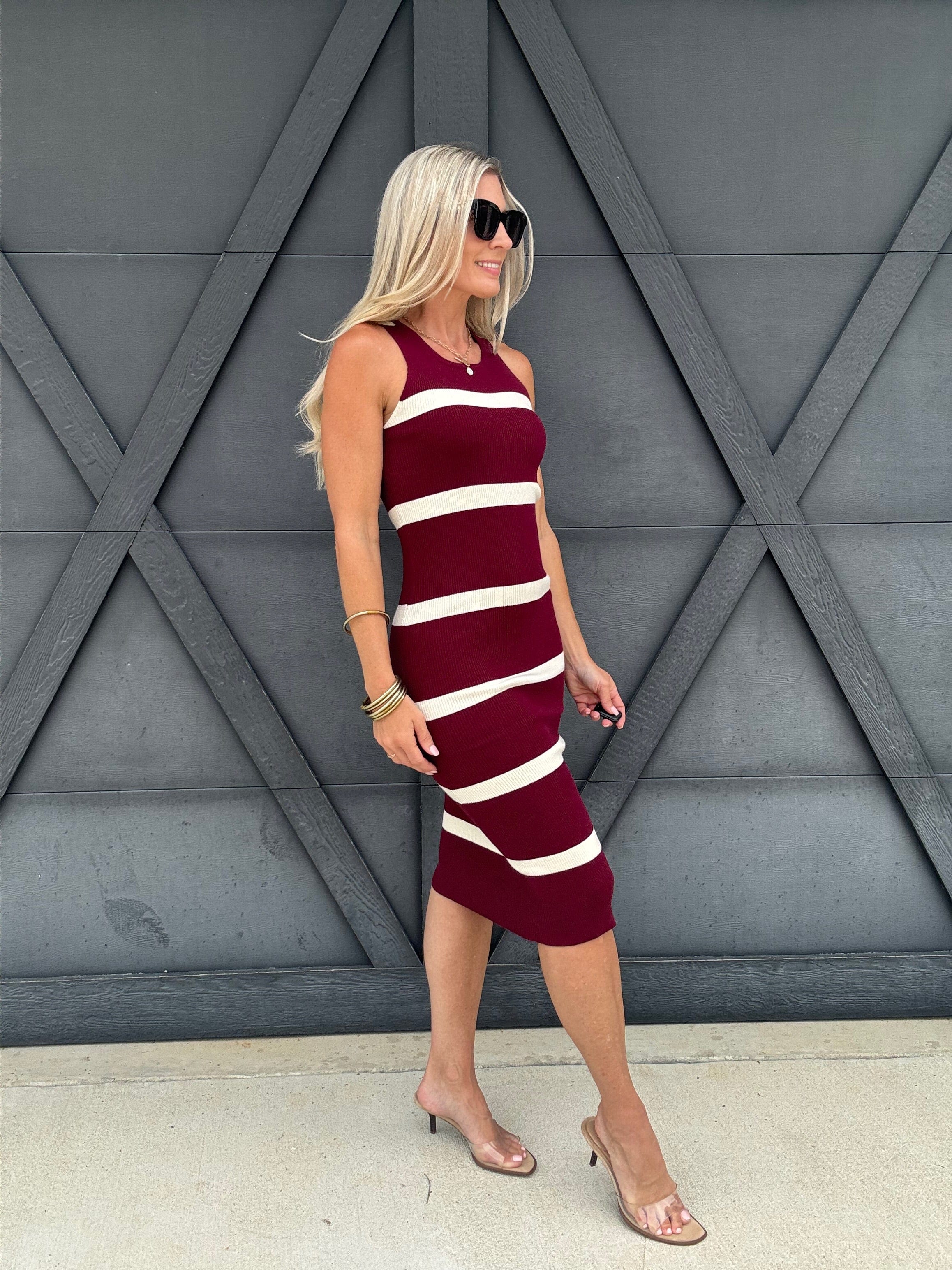 Stripe Sweater Midi Dress In Burgundy - Infinity Raine