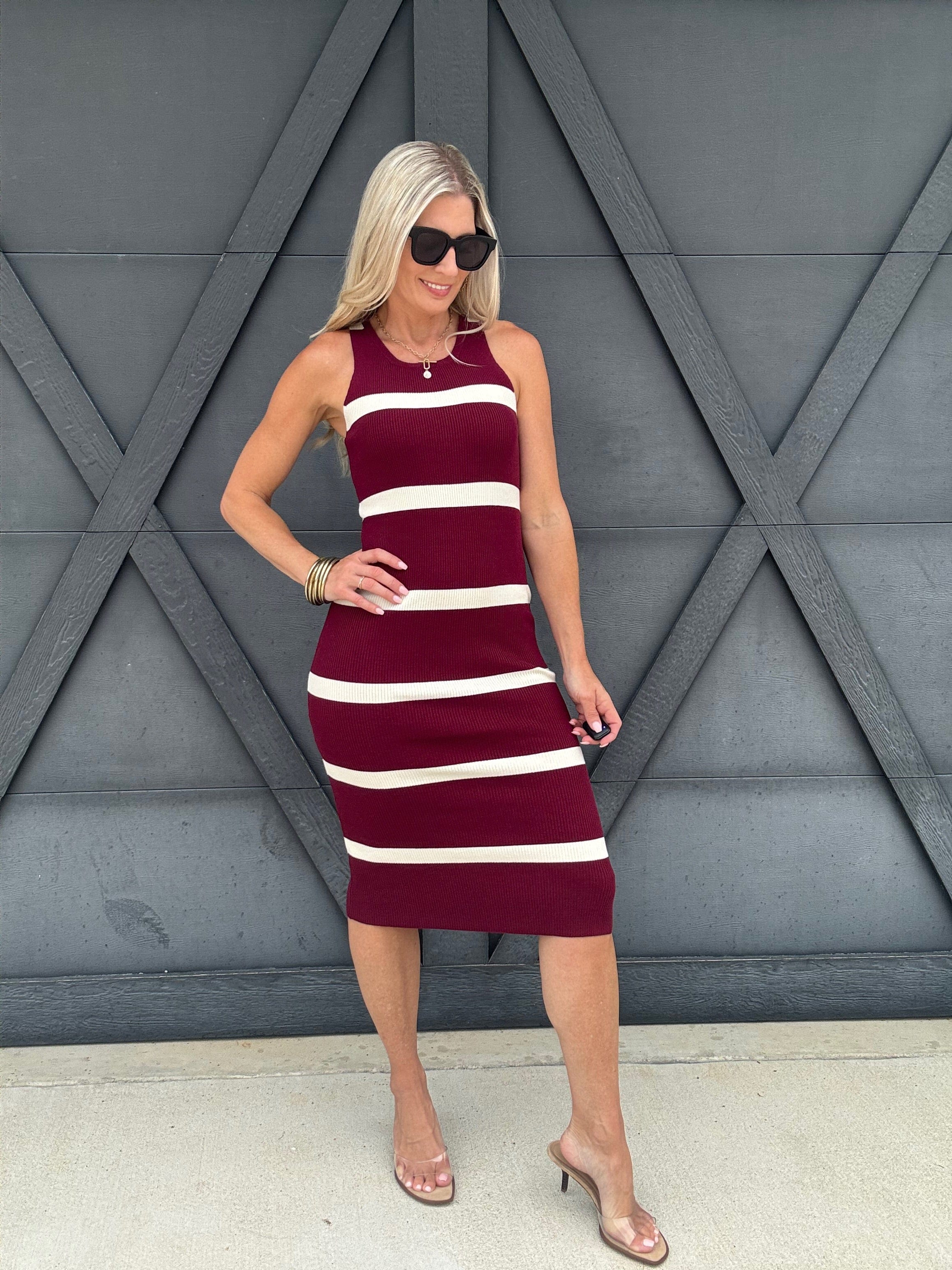 Stripe Sweater Midi Dress In Burgundy - Infinity Raine