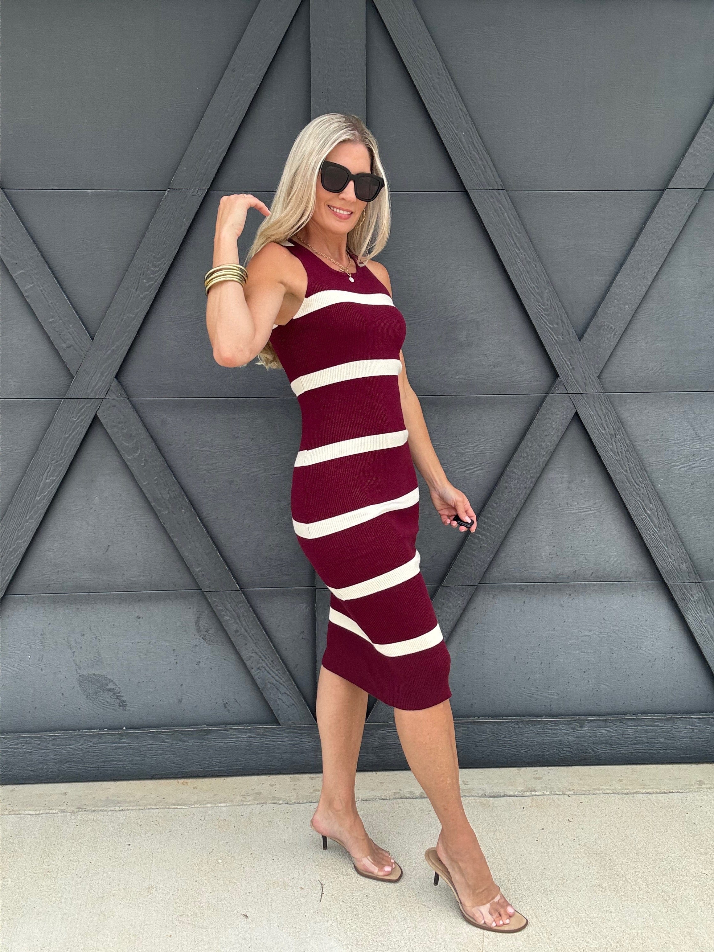 Stripe Sweater Midi Dress In Burgundy - Infinity Raine