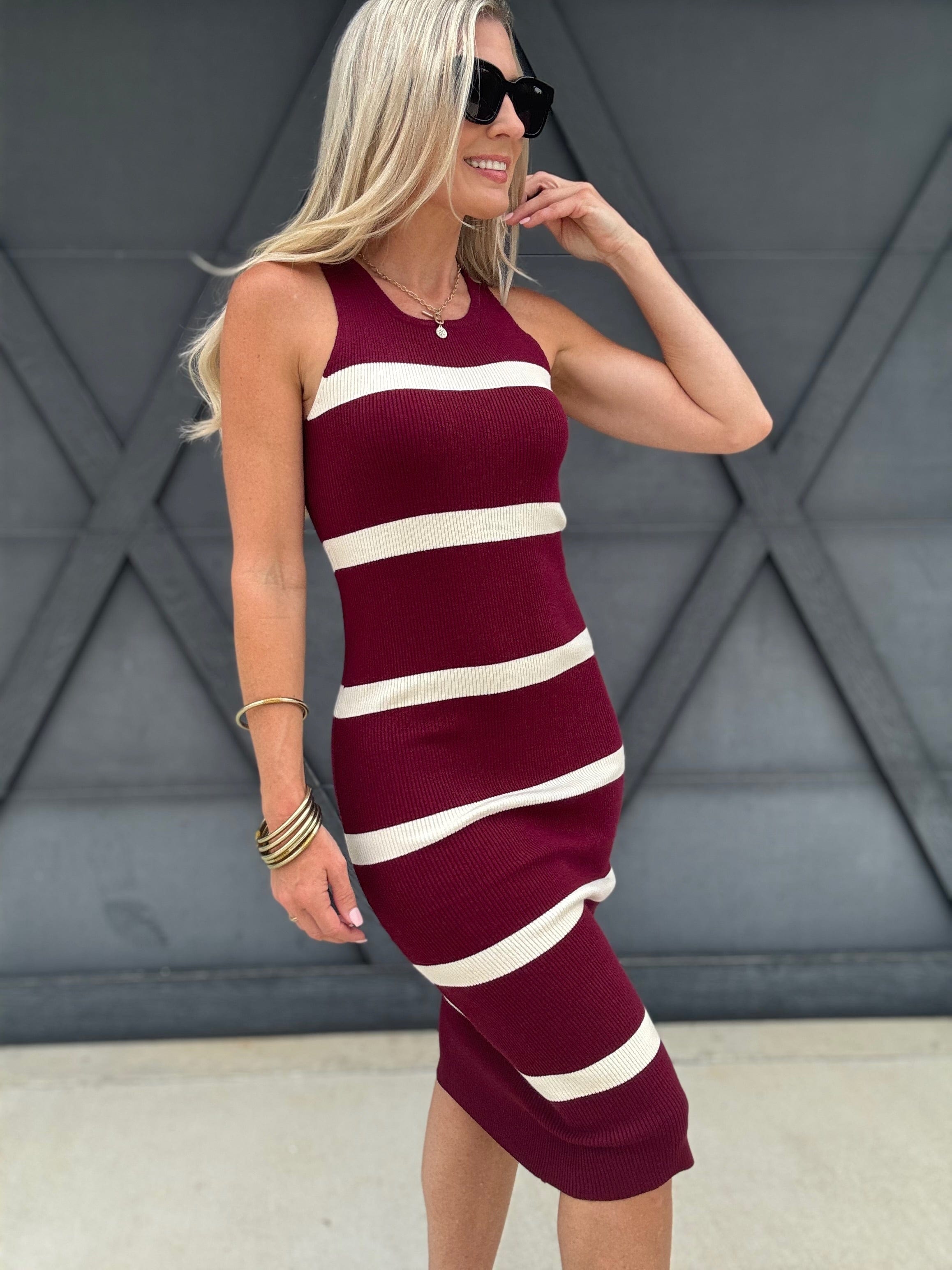 Stripe Sweater Midi Dress In Burgundy - Infinity Raine