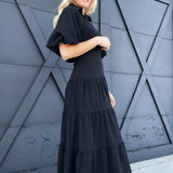 Puff Sleeve Midi Dress-Black - Infinity Raine