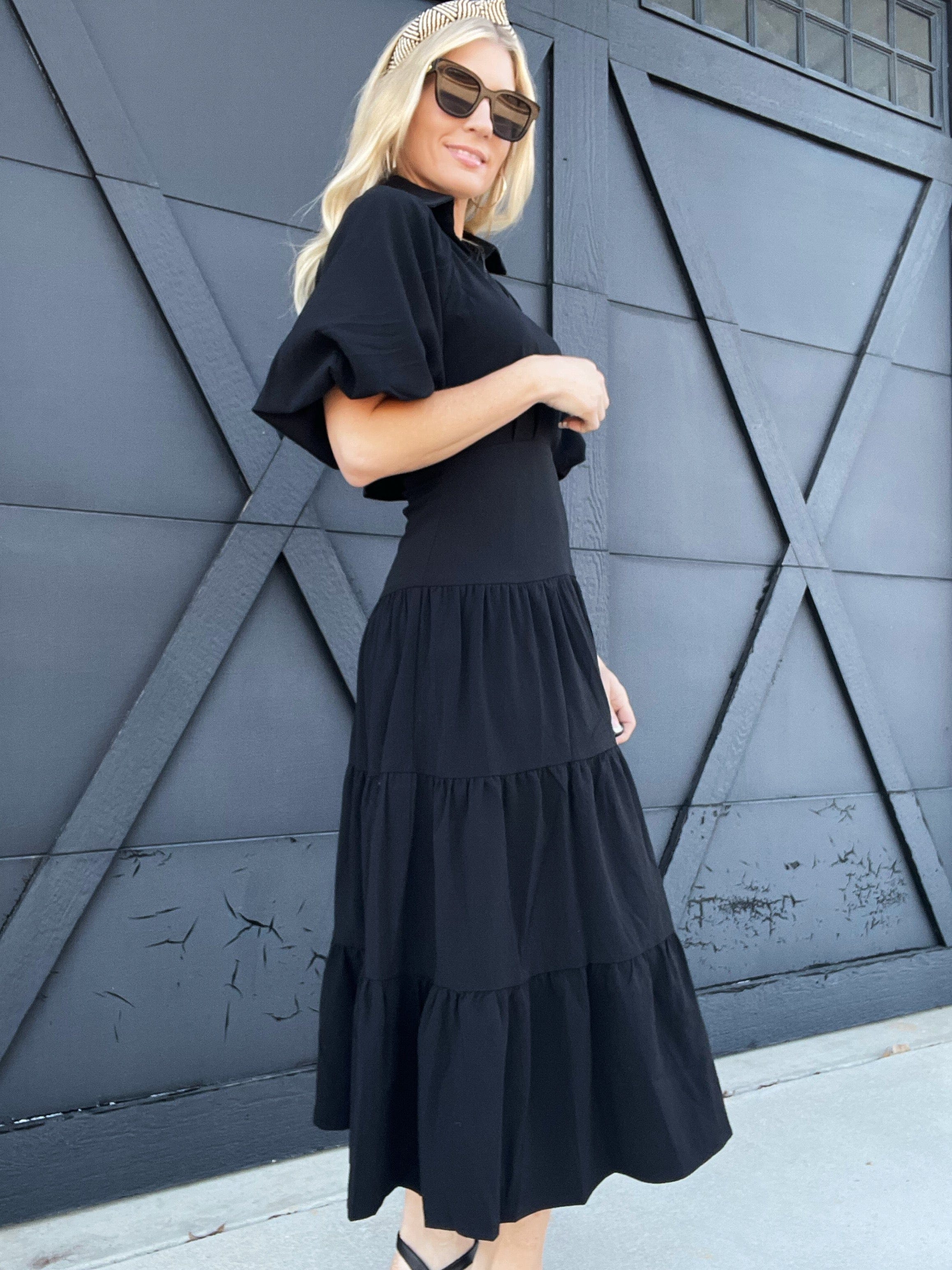 Puff Sleeve Midi Dress-Black - Infinity Raine