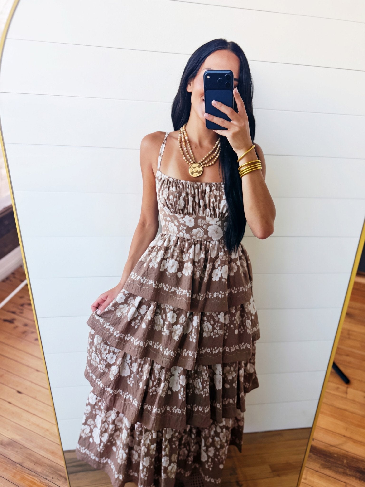 Floral Tiered Midi Dress In Latte Brown – Infinity Raine