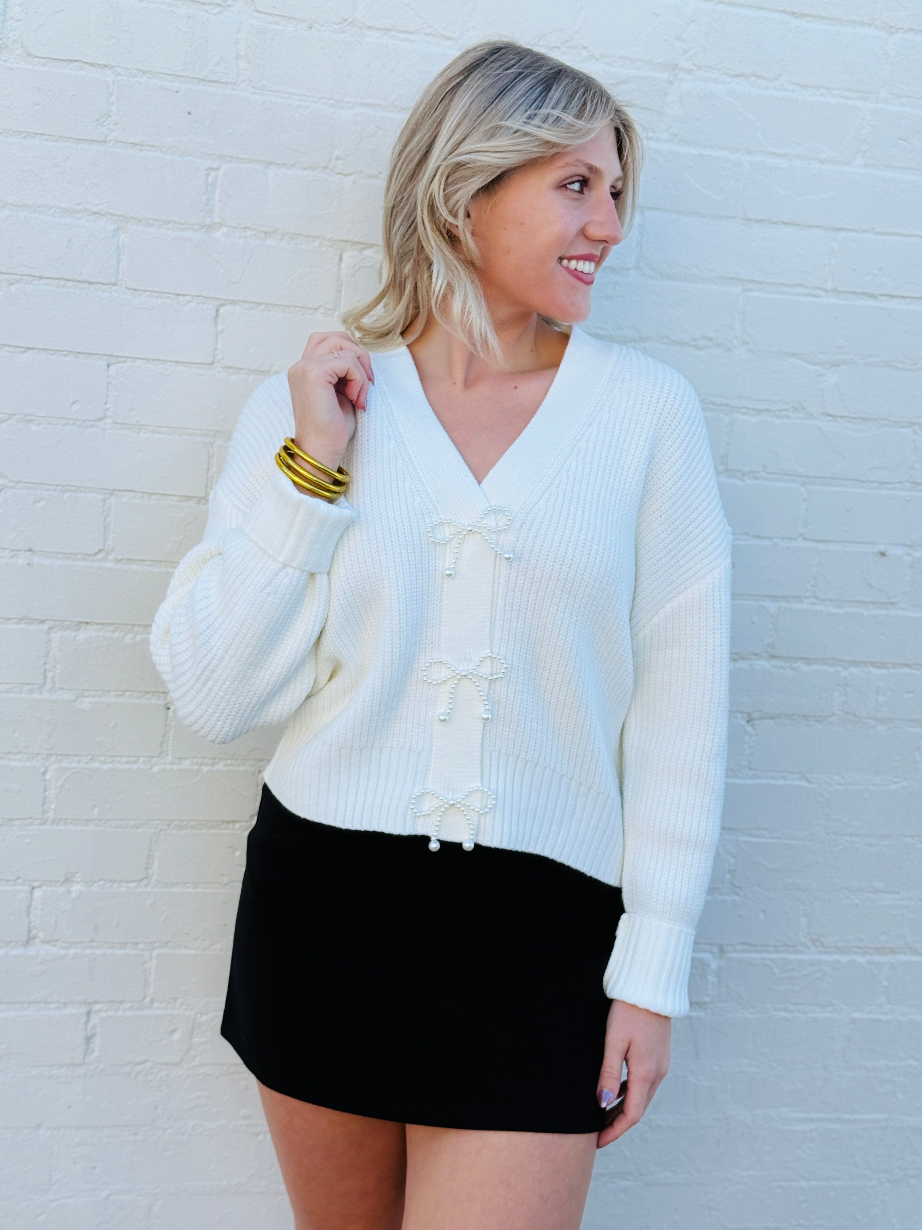 French Connection Outerwear - Cardigans French Connection Pearl Bow Cardigan In Porcelain Cream