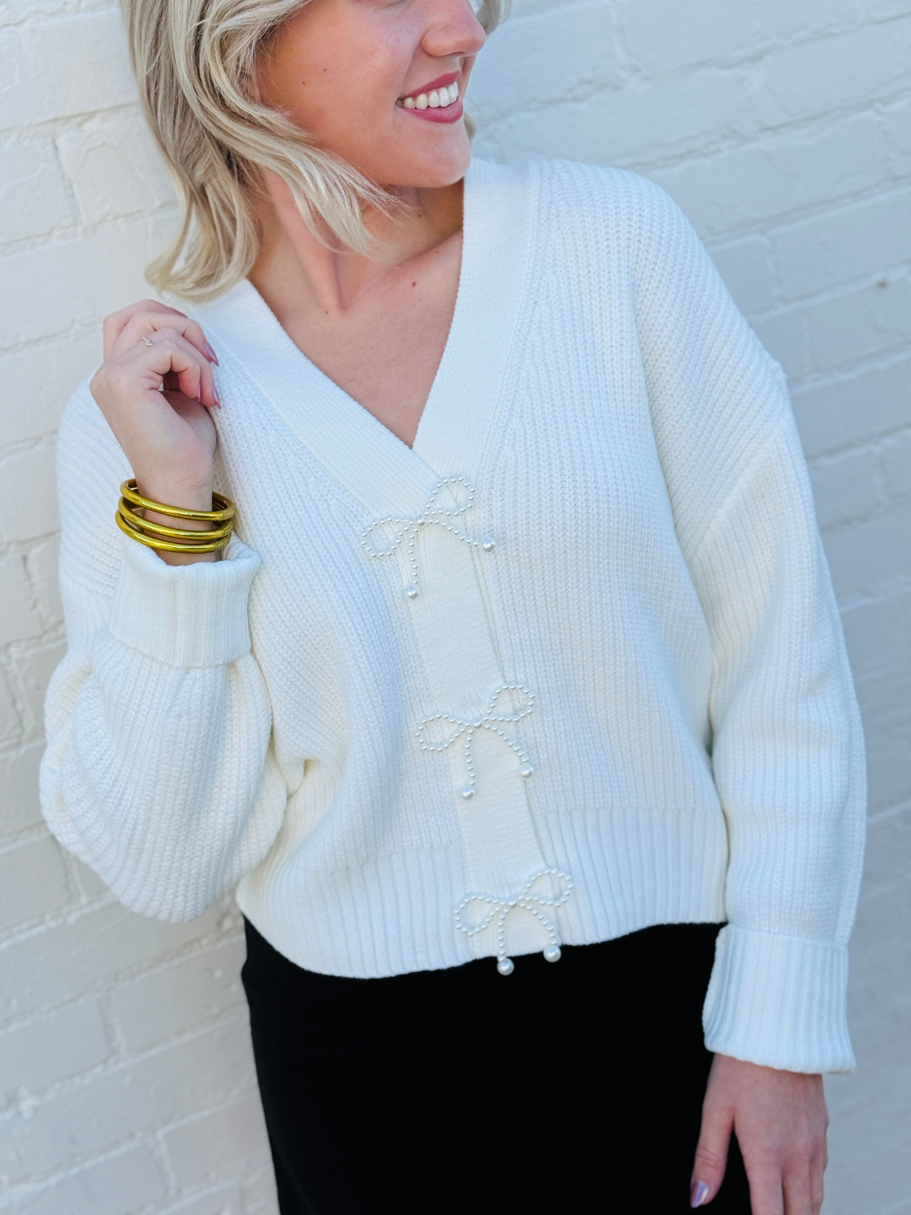 French Connection Outerwear - Cardigans French Connection Pearl Bow Cardigan In Porcelain Cream