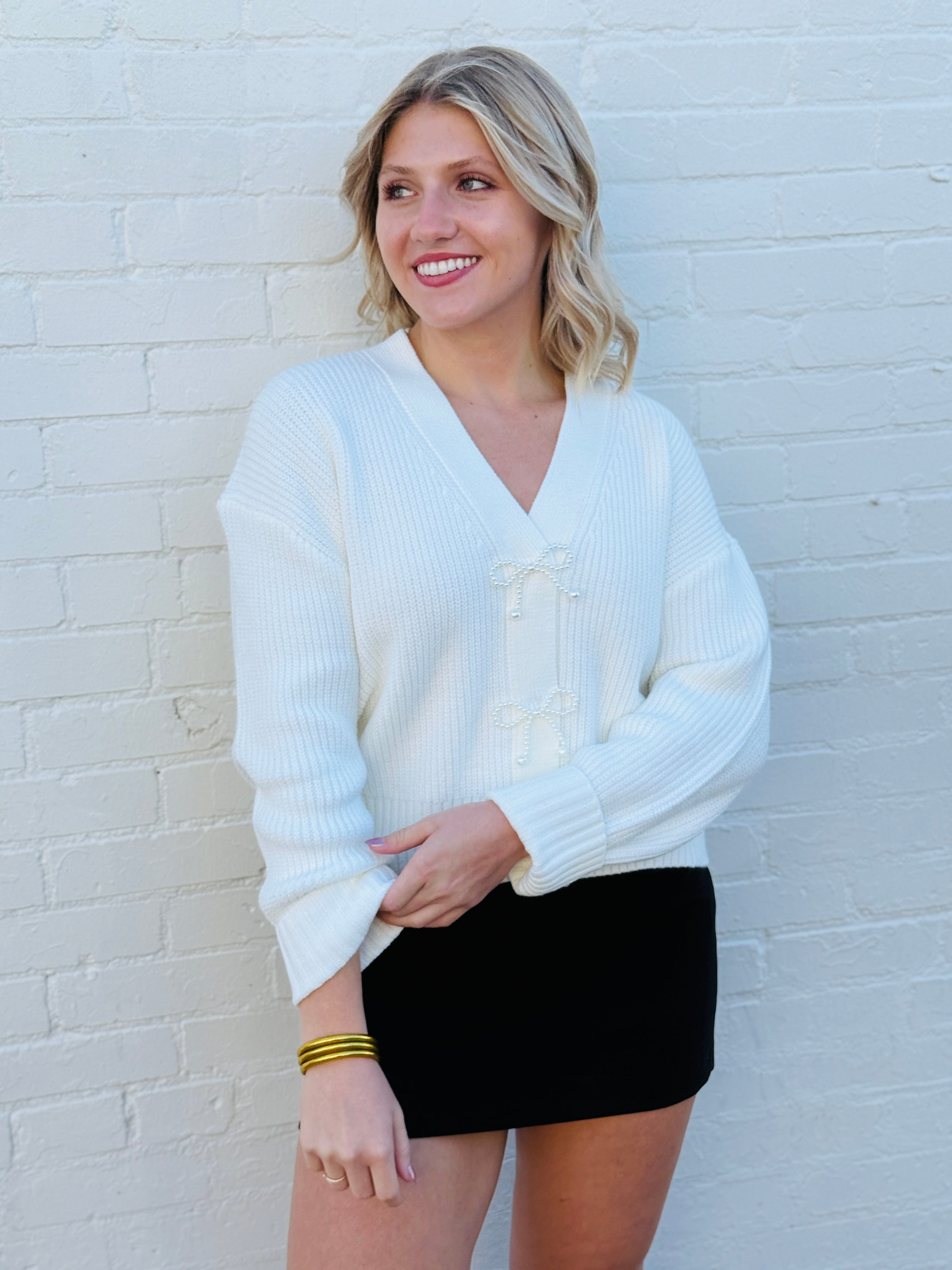 French Connection Outerwear - Cardigans French Connection Pearl Bow Cardigan In Porcelain Cream