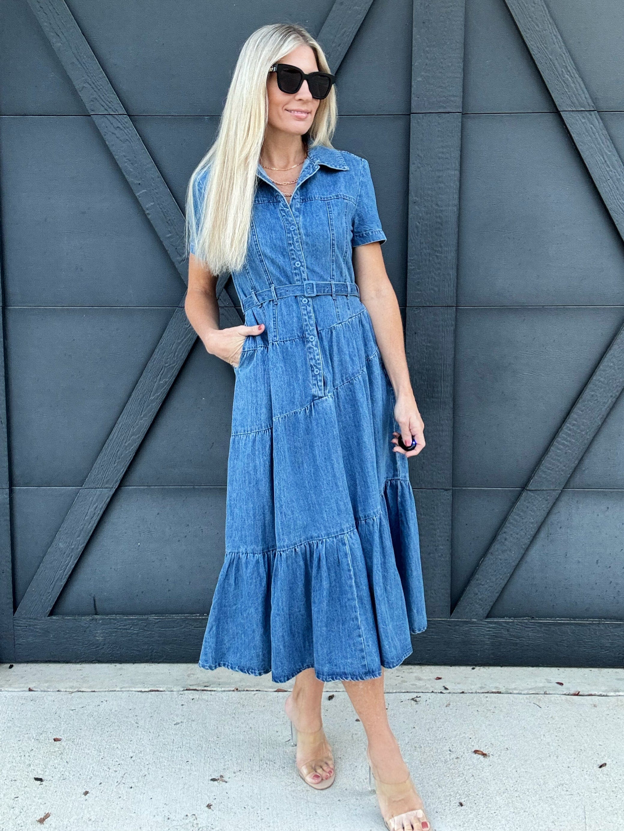 Long Denim Dress With Lapel Collar