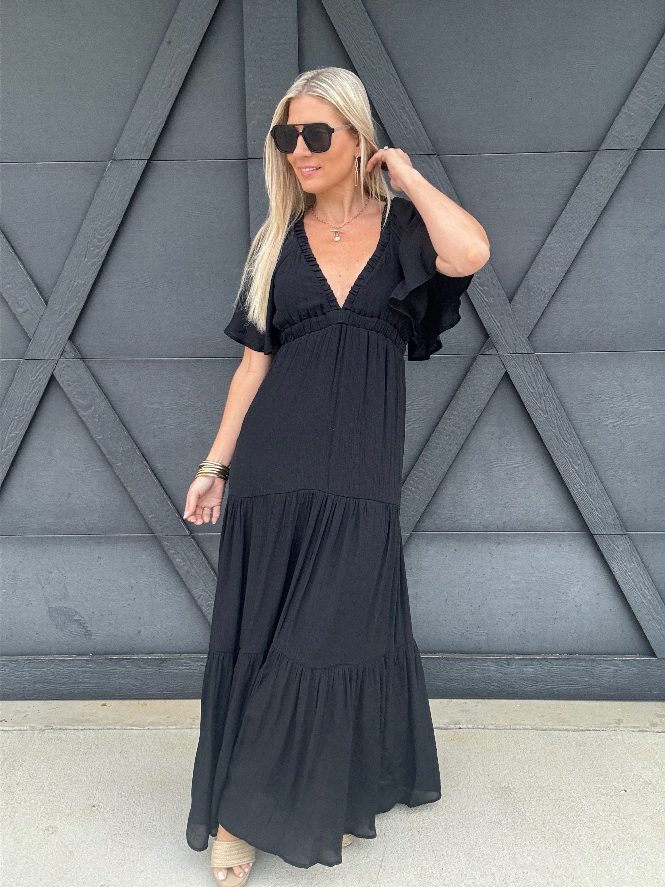 Deep V-Neck Maxi Dress In Black - Infinity Raine