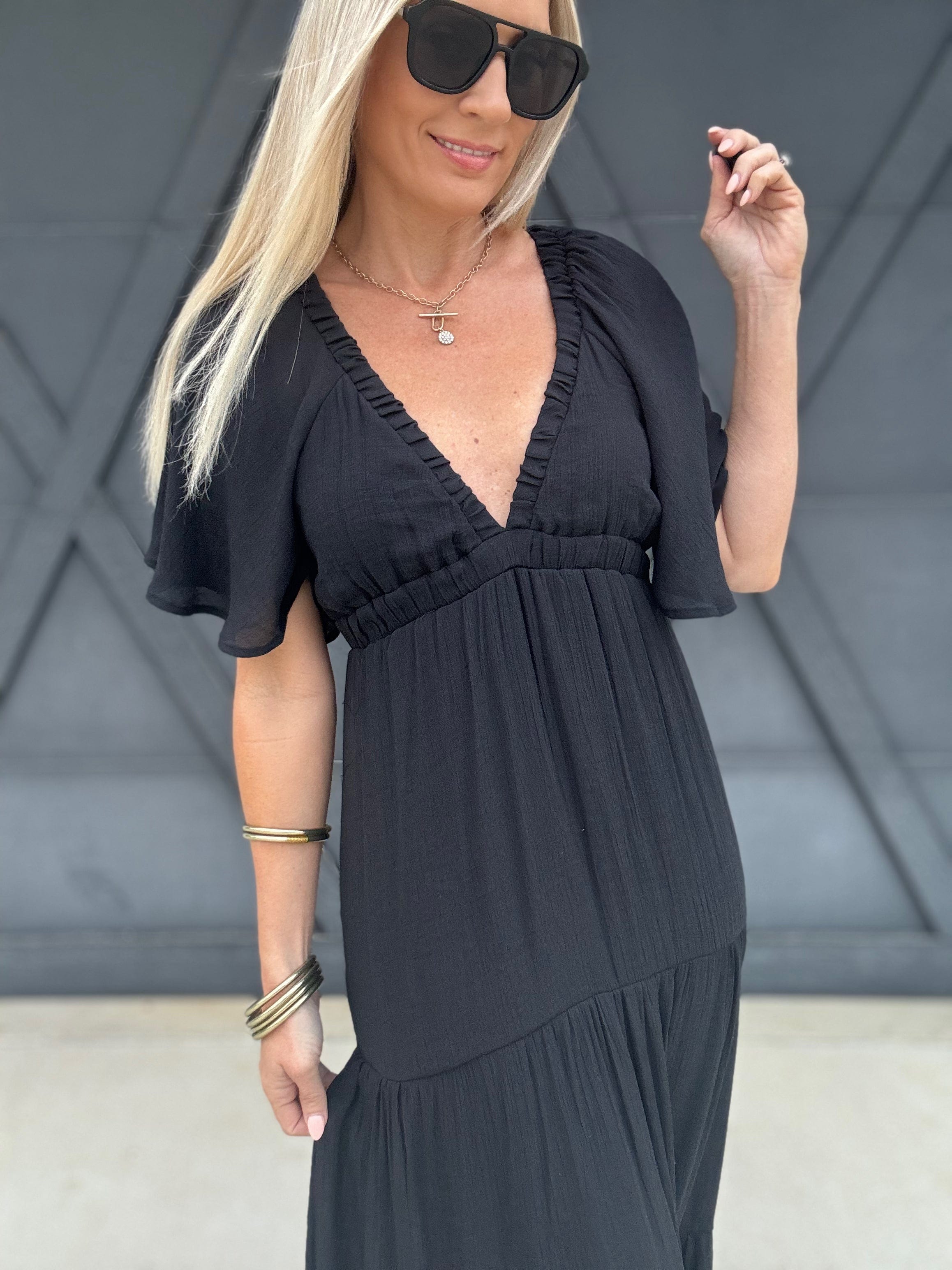 Deep V-Neck Maxi Dress In Black - Infinity Raine
