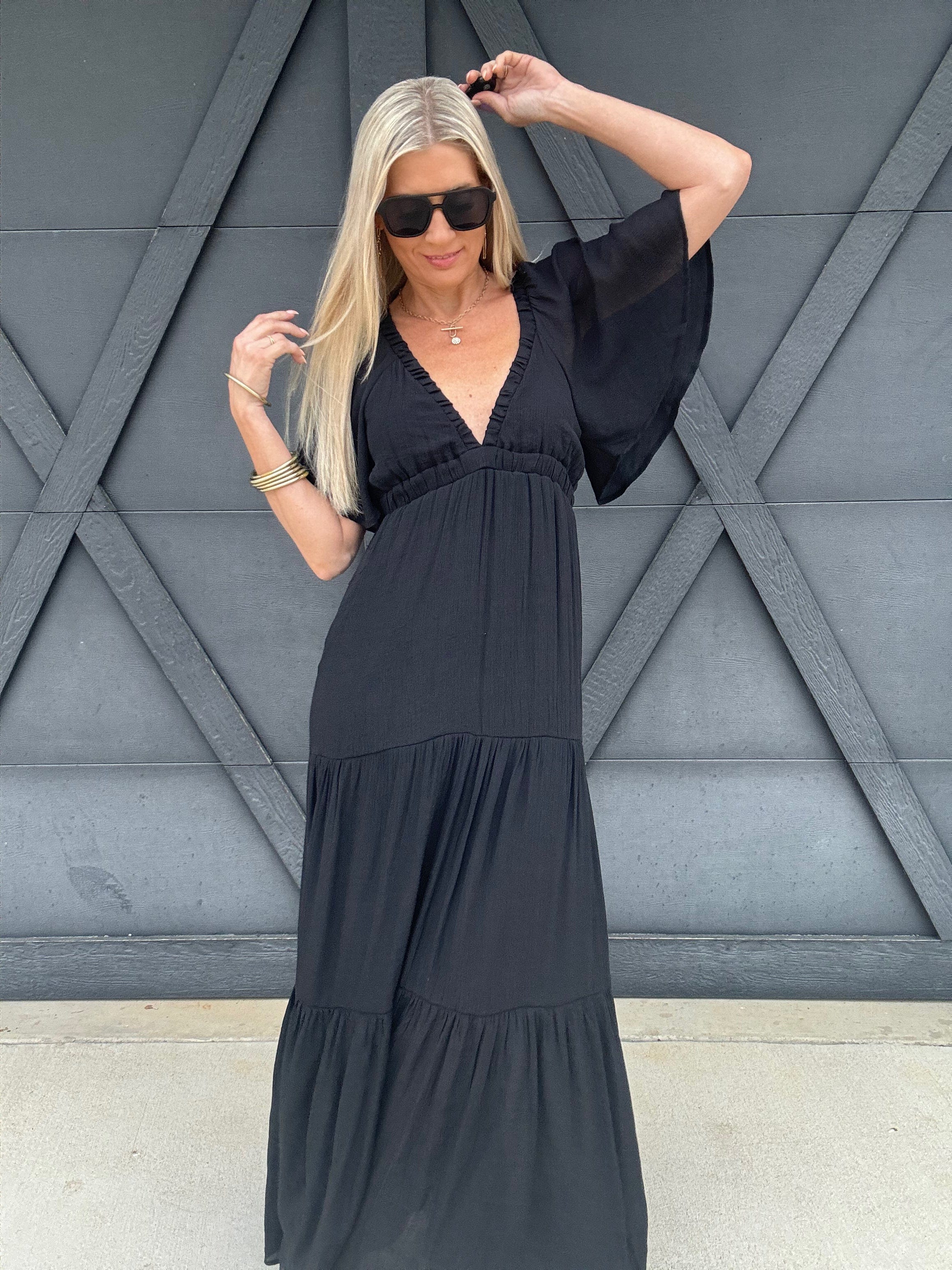 Deep V-Neck Maxi Dress In Black - Infinity Raine