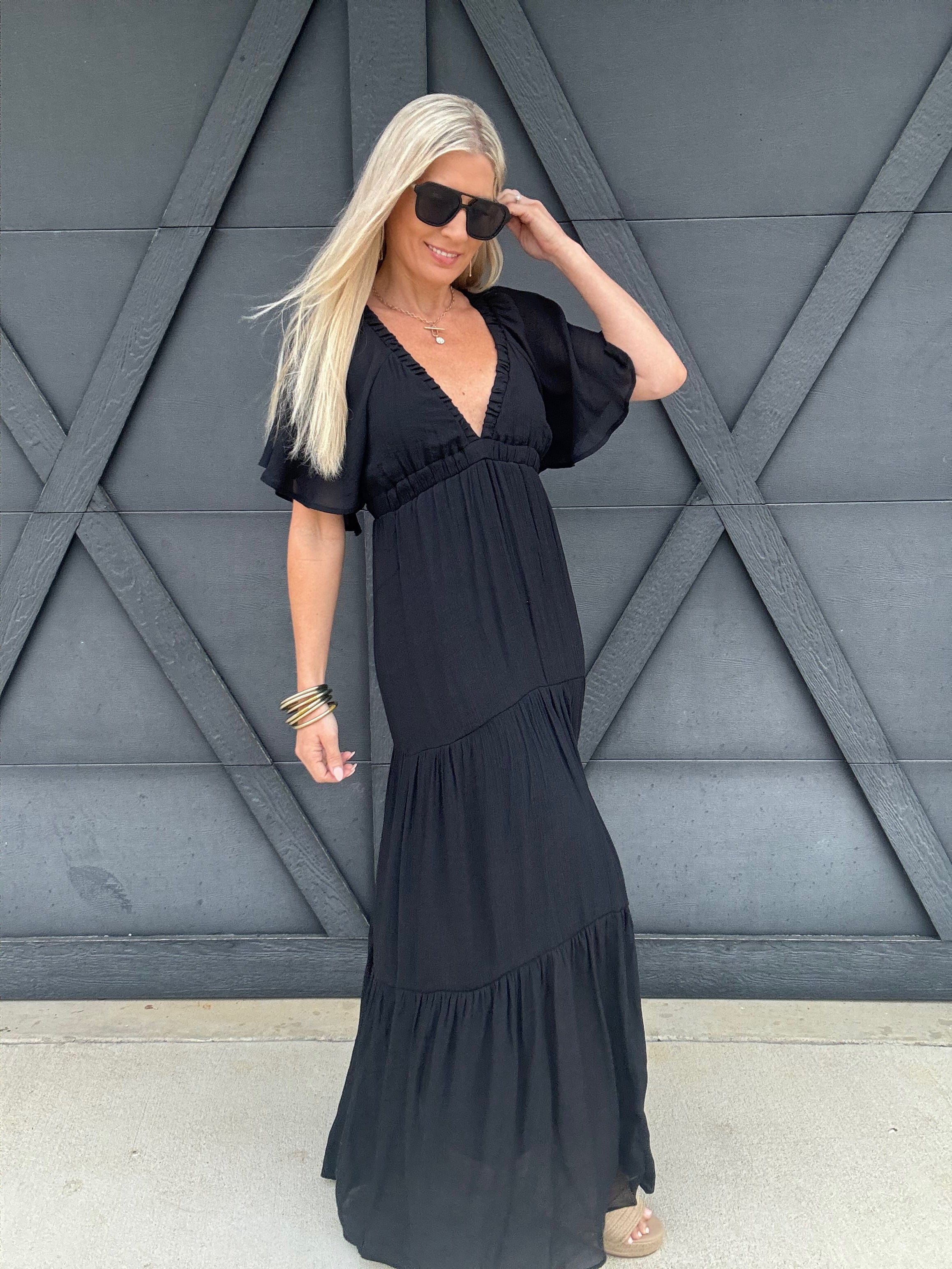 Deep V-Neck Maxi Dress In Black - Infinity Raine