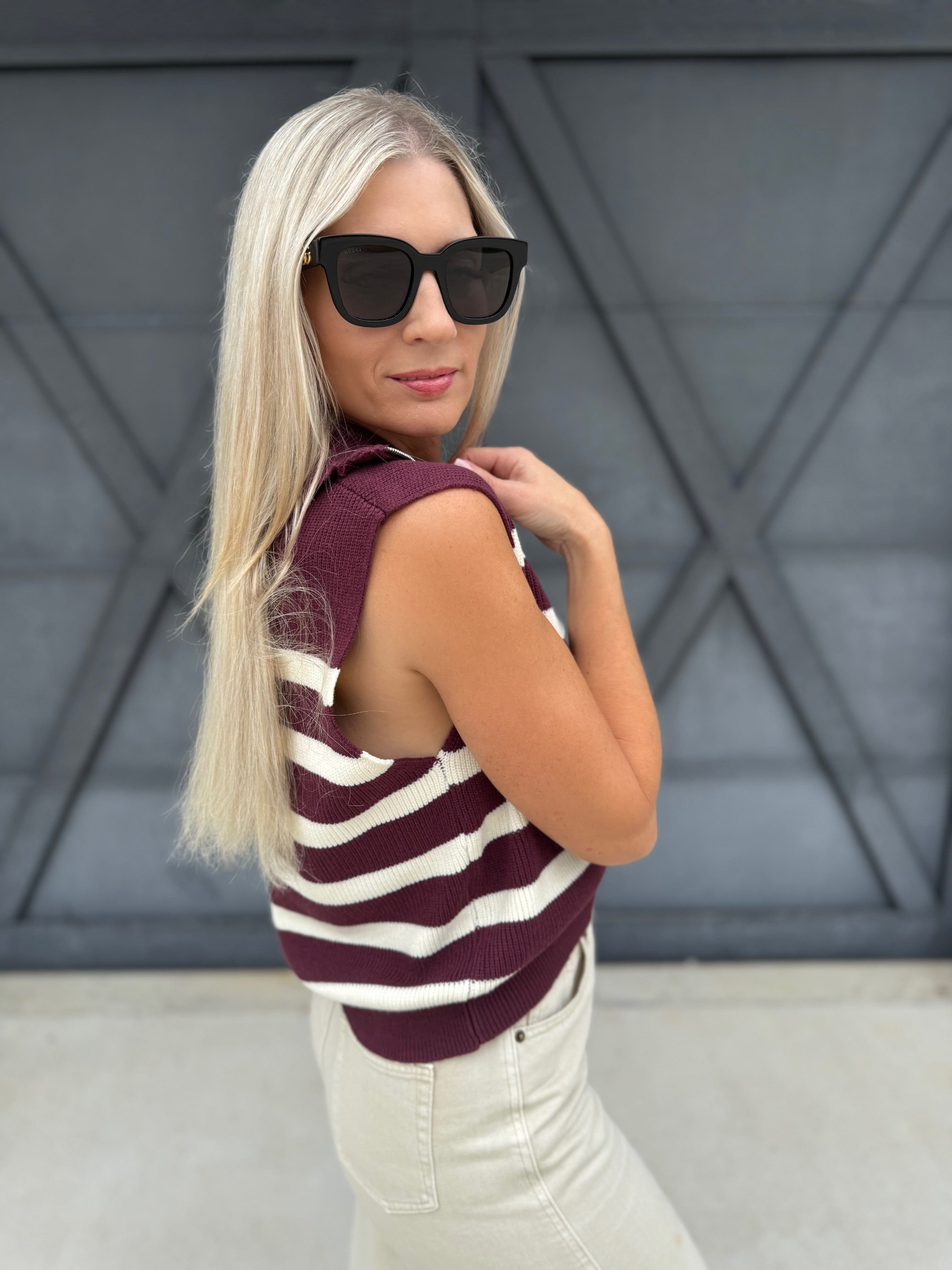 Striped Knit Half Zip Sweater Vest In Dark Cherry - Infinity Raine