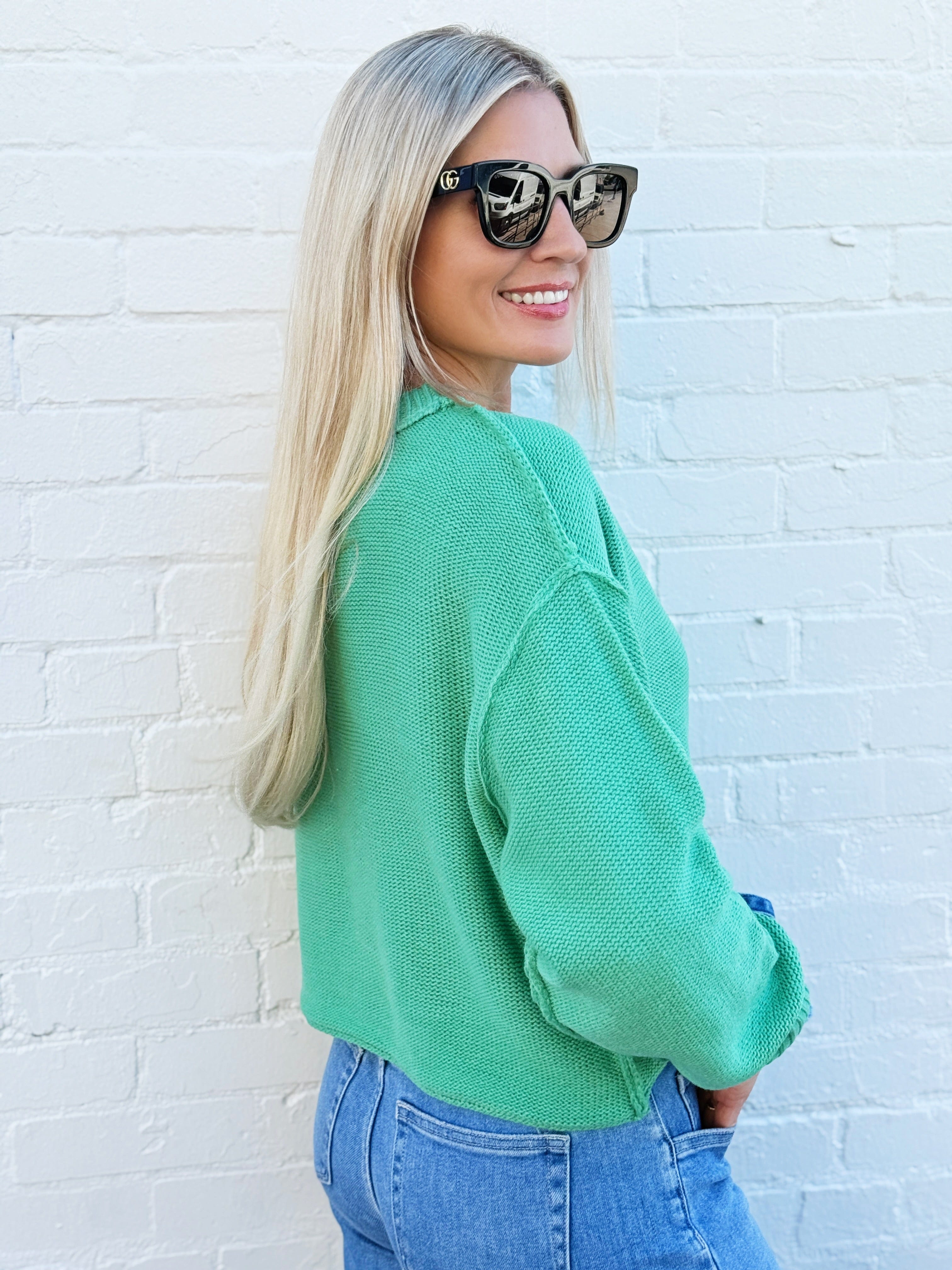 HYFVE Tops - Sweaters Boxy Cropped Long Sleeve Sweater In Emerald
