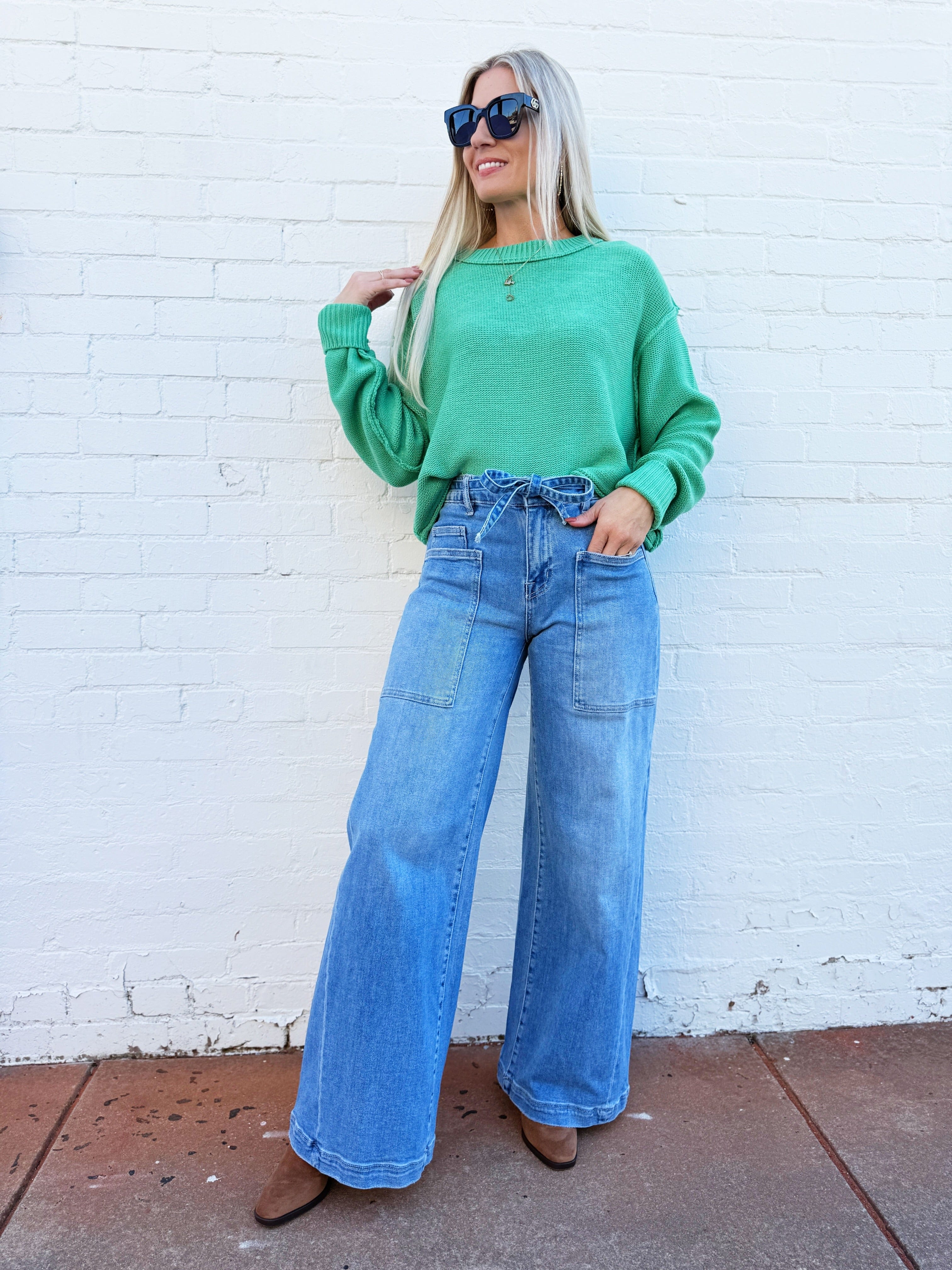 HYFVE Tops - Sweaters Boxy Cropped Long Sleeve Sweater In Emerald