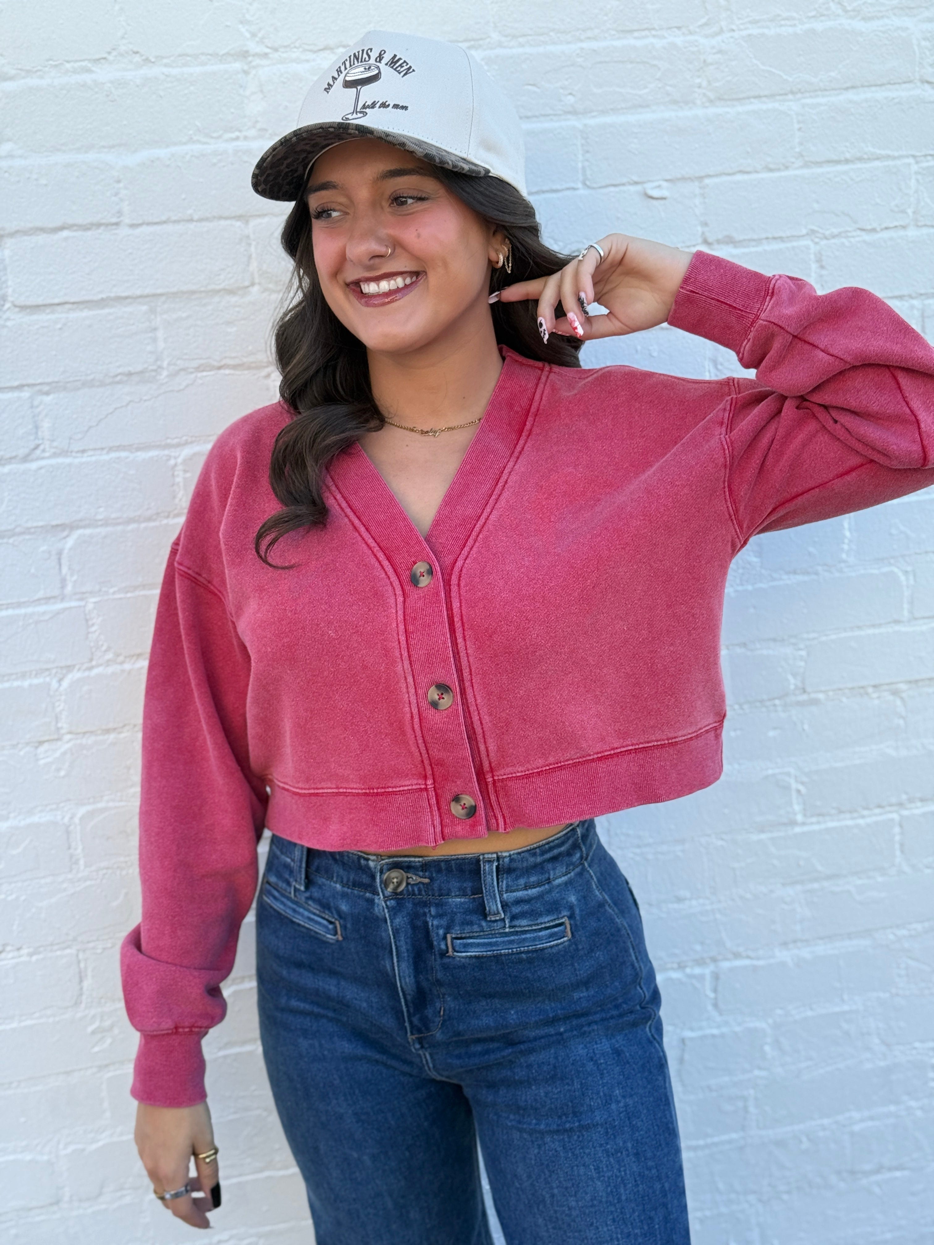 HYFVE Tops - Sweaters Washed Cropped Cardigan In Red