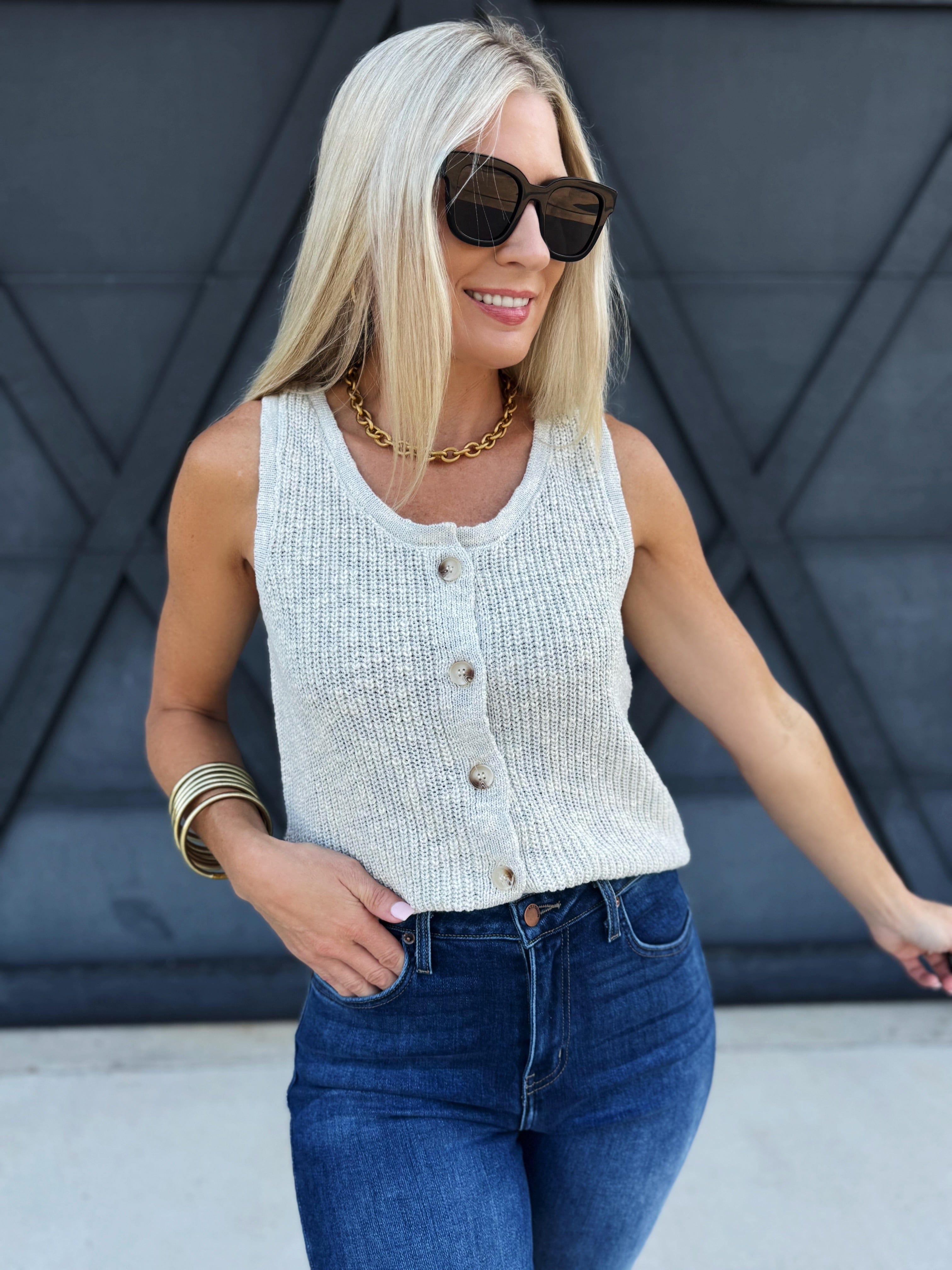 Button Down Sweater Vest Top In Ash Blue - Infinity Raine