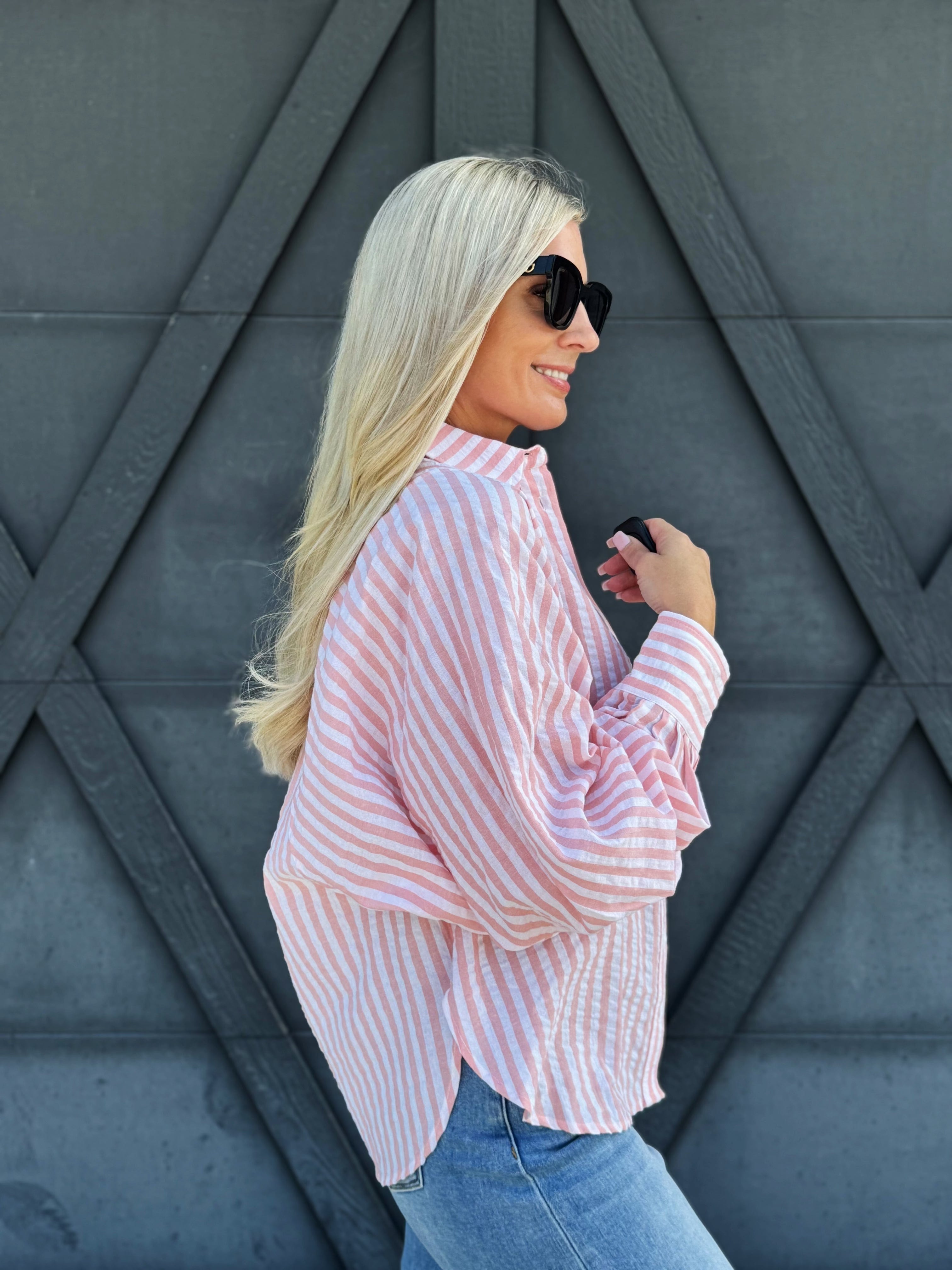 Volume Sleeve Button Down Stripe Blouse In Coral - Infinity Raine