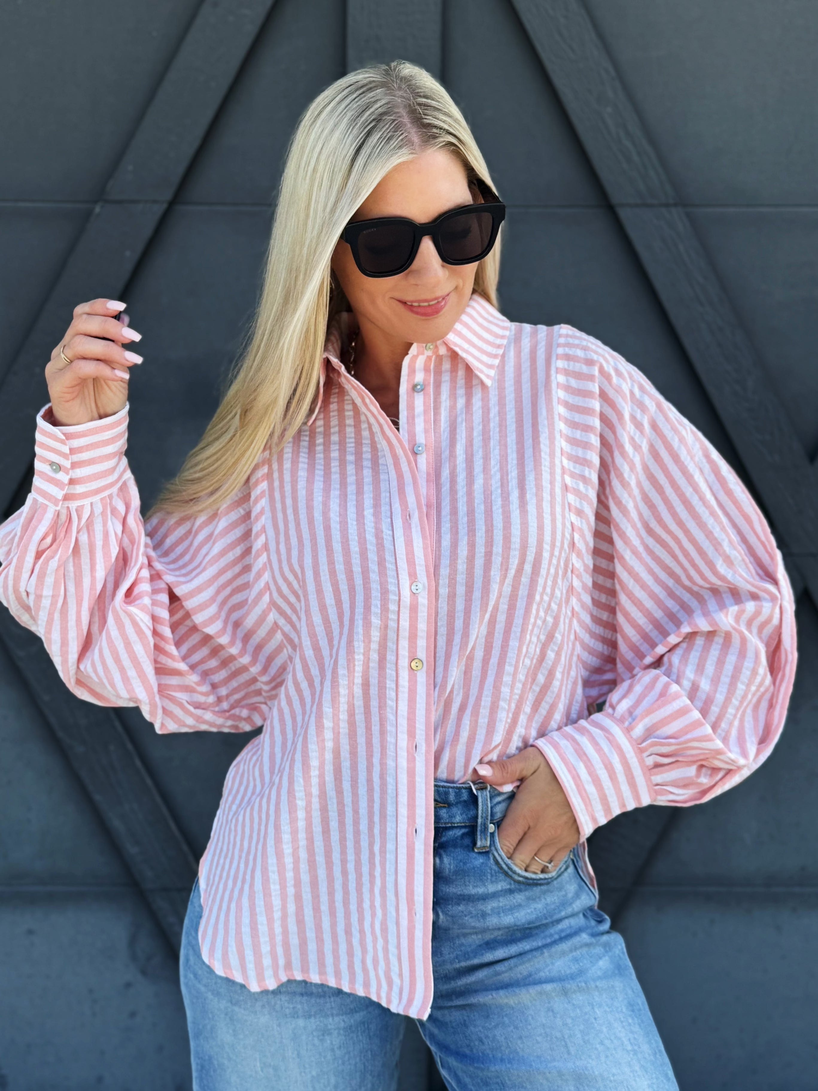 Volume Sleeve Button Down Stripe Blouse In Coral - Infinity Raine