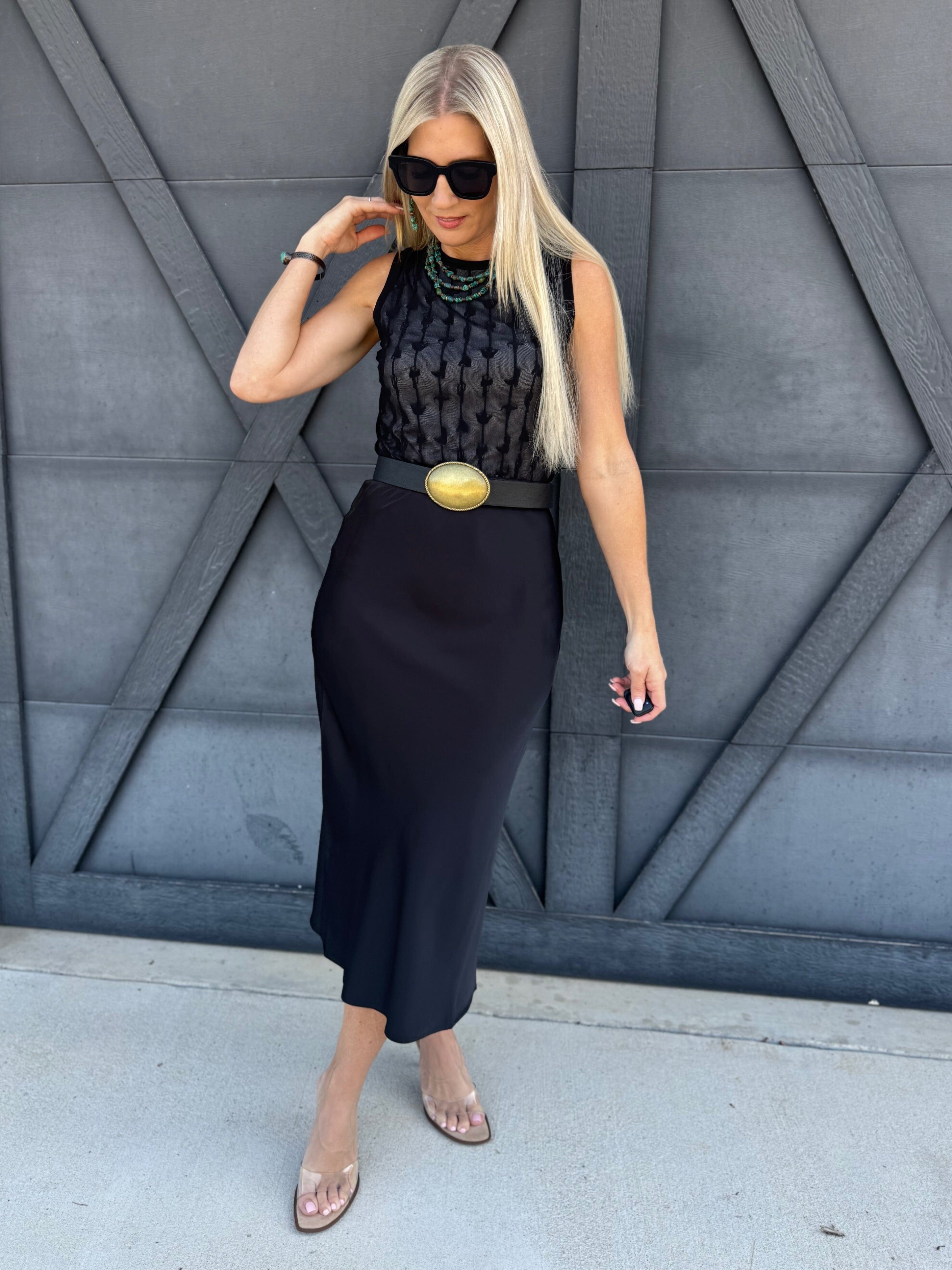 Satin Midi Skirt In Black - Infinity Raine