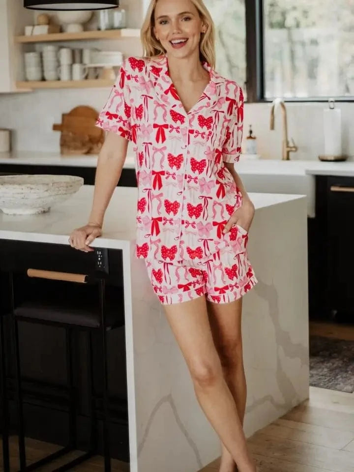 Pink & Red Coquette Bow Loungewear Short Set - Infinity Raine