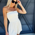 Smocked Tube Top Drop Waist Romper In Ivory - Infinity Raine