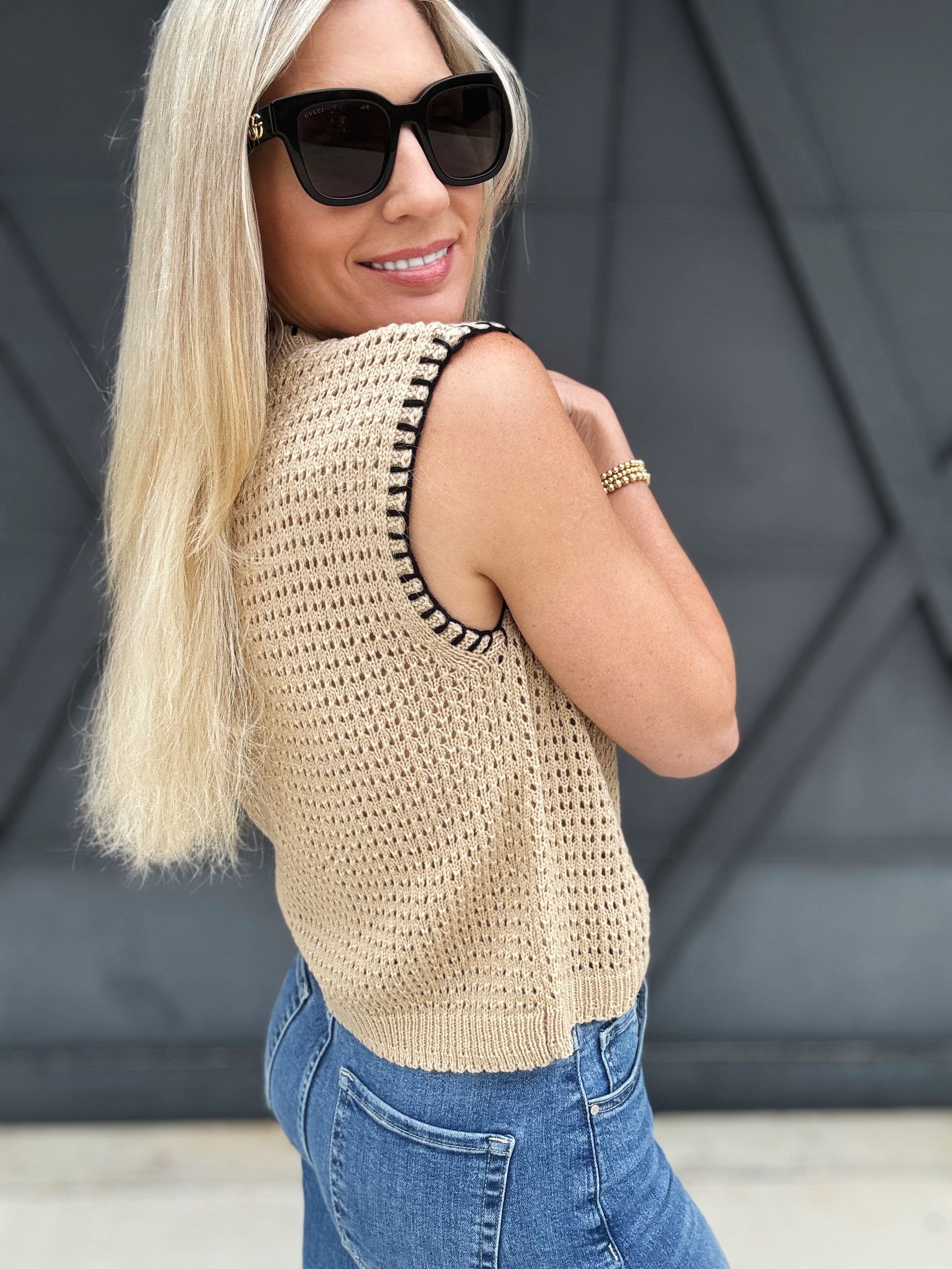 Crotchet Knit Stitching Top In Crumb Cake - Infinity Raine