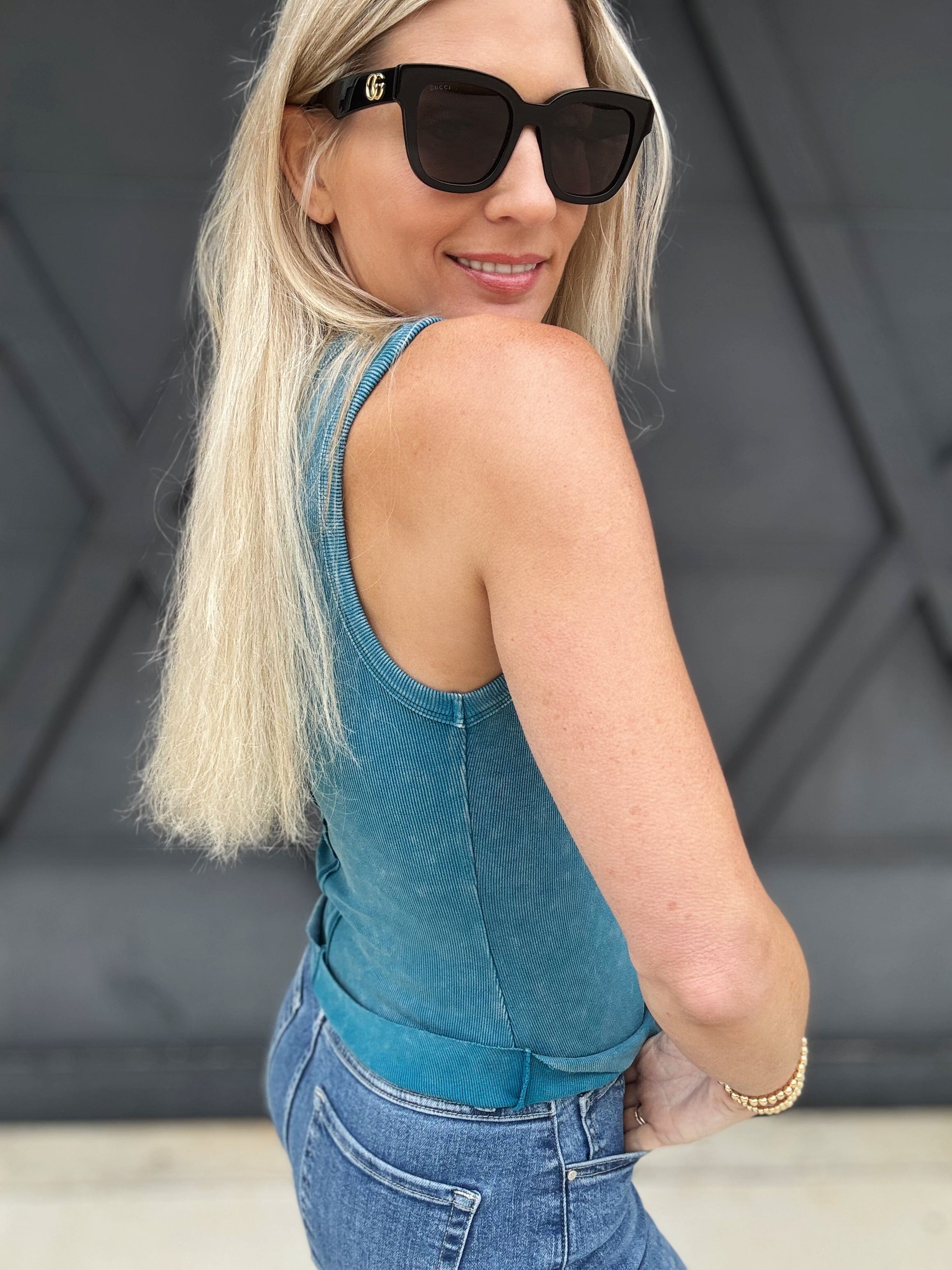 Mineral Washed Ribbed Tank In Turquoise - Infinity Raine