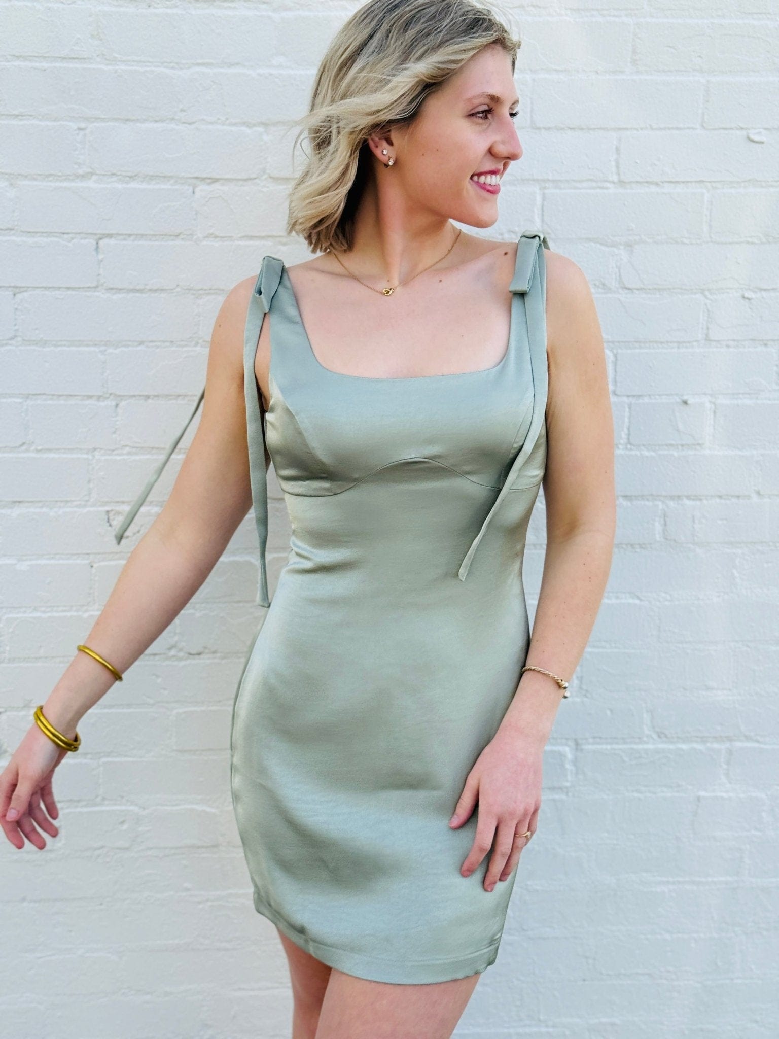 Lulus Carly Tie Strap Mini Dress In Sage M Lulus Carly Tie Strap Mini Dress In Sage M