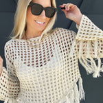 Boatneck Fishnet Fringe Sweater-Cream - Infinity Raine