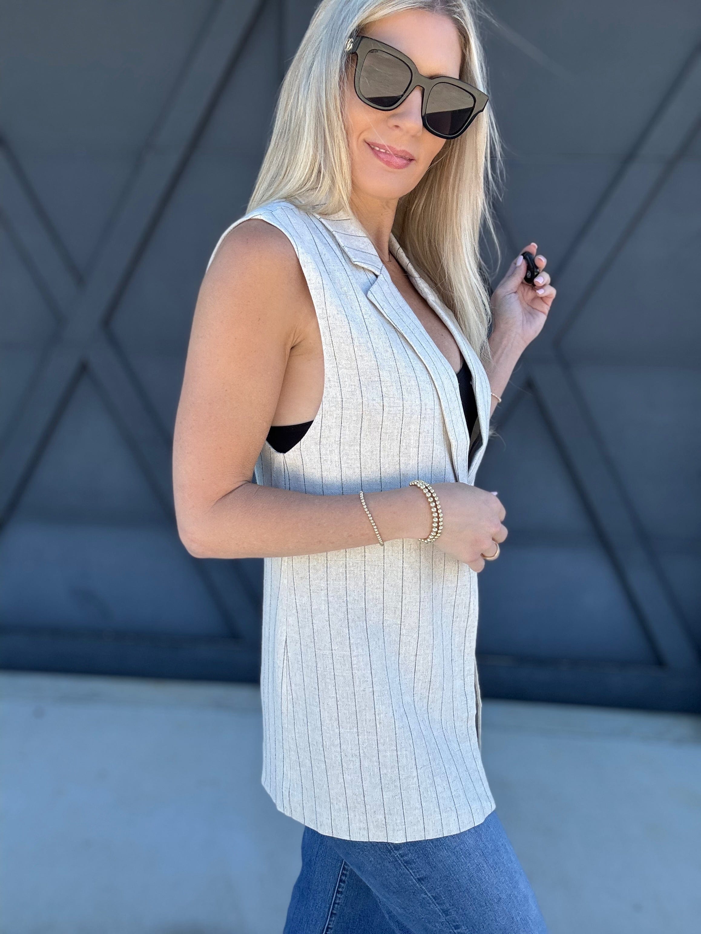 Mustard Seed Tops - Blouses Sleeveless Striped Blazer In Oatmeal