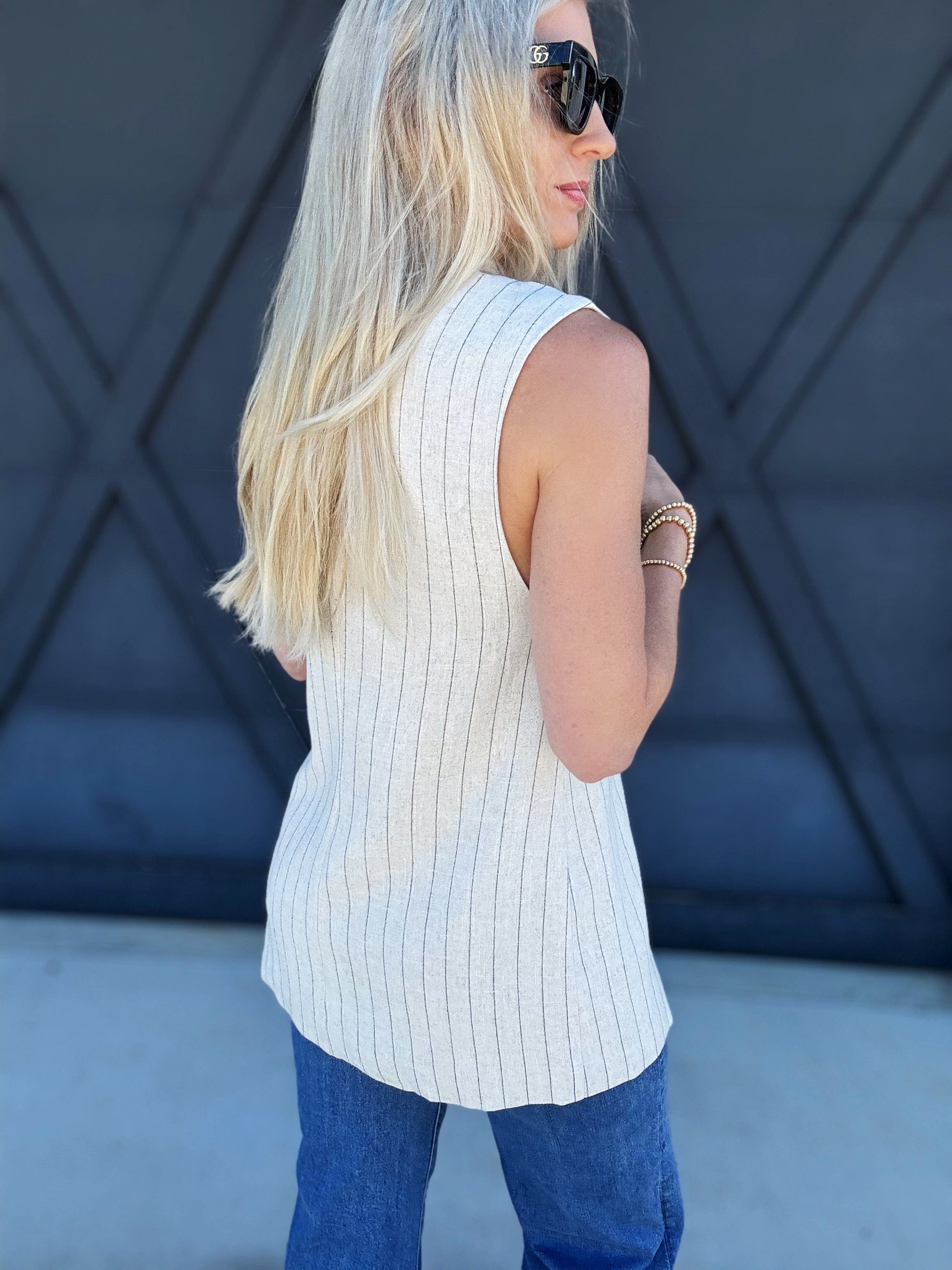 Mustard Seed Tops - Blouses Sleeveless Striped Blazer In Oatmeal