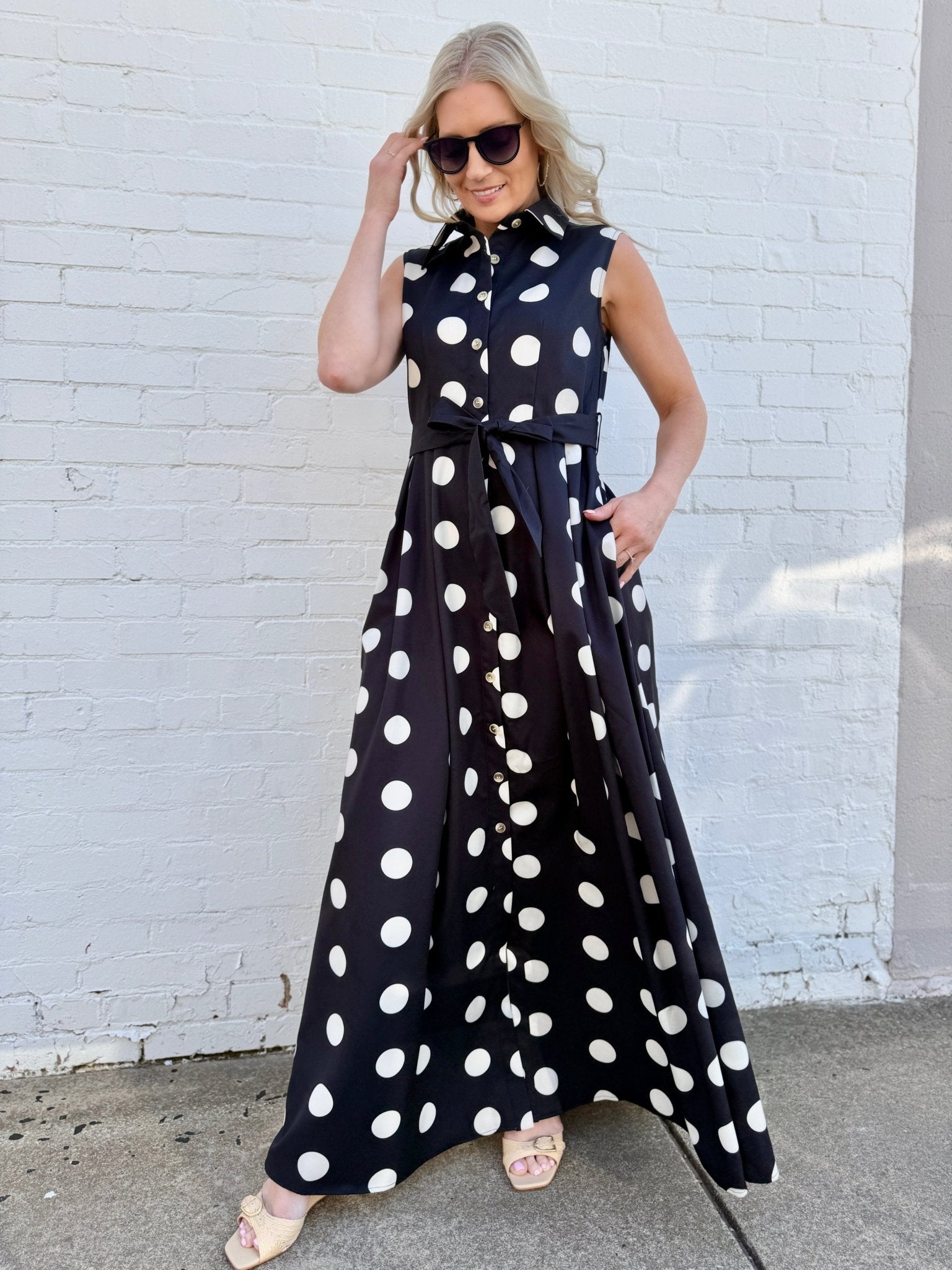 Polka Dot Button Down Belted Shirt Maxi Dress In Black Infinity Raine Polka Dot Button Down Belted Shirt Maxi Dress In Black Infinity Raine