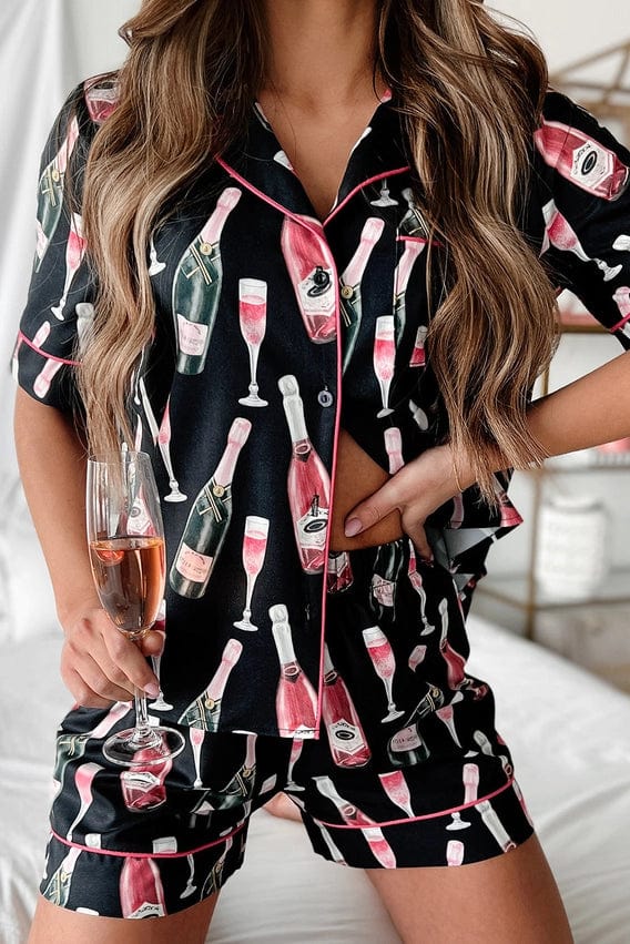 Silk Champagne Pajama Short Set In Black Infinity Raine