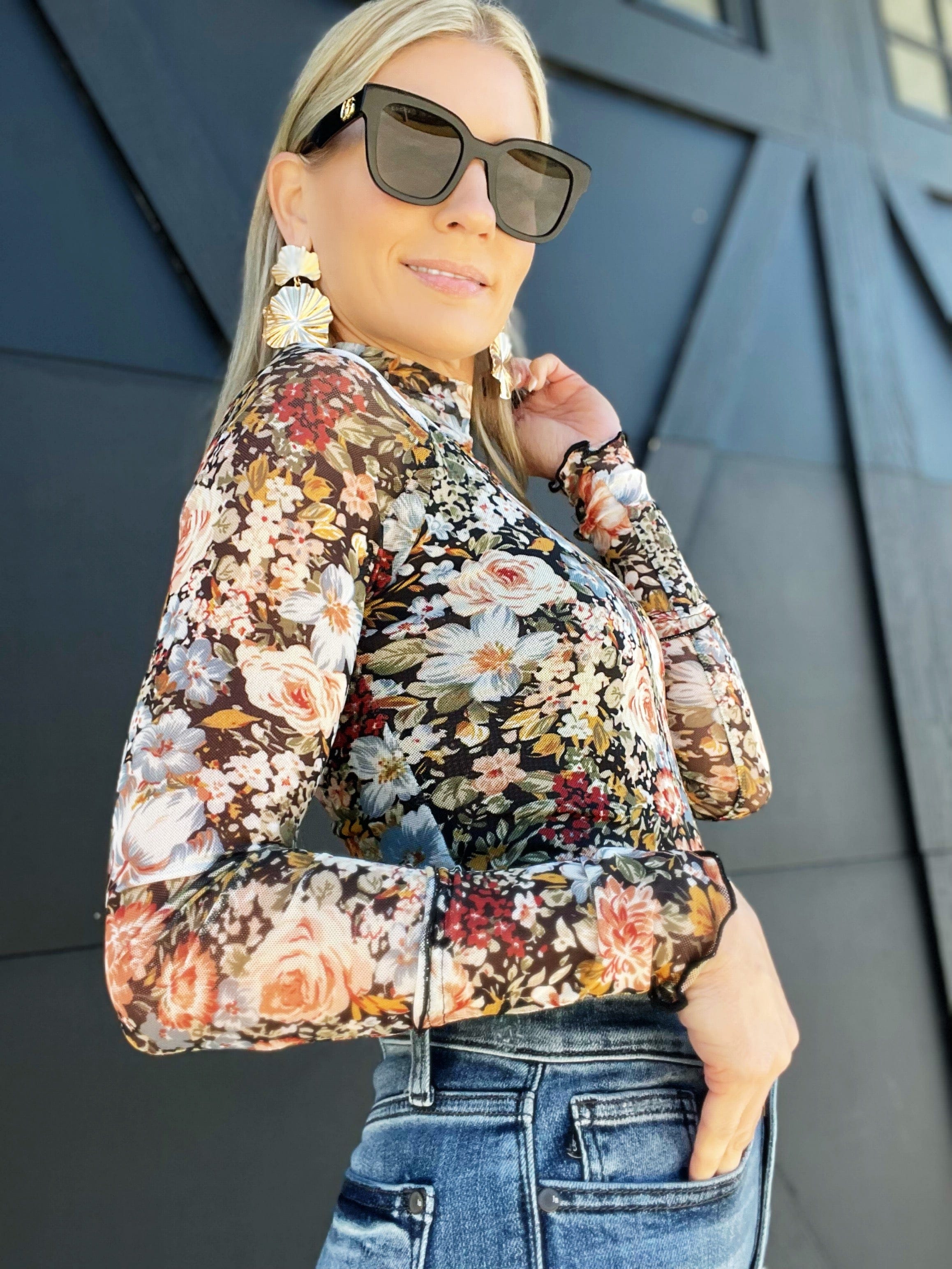 Floral Lined Mesh Long Sleeve Top-Black - Infinity Raine