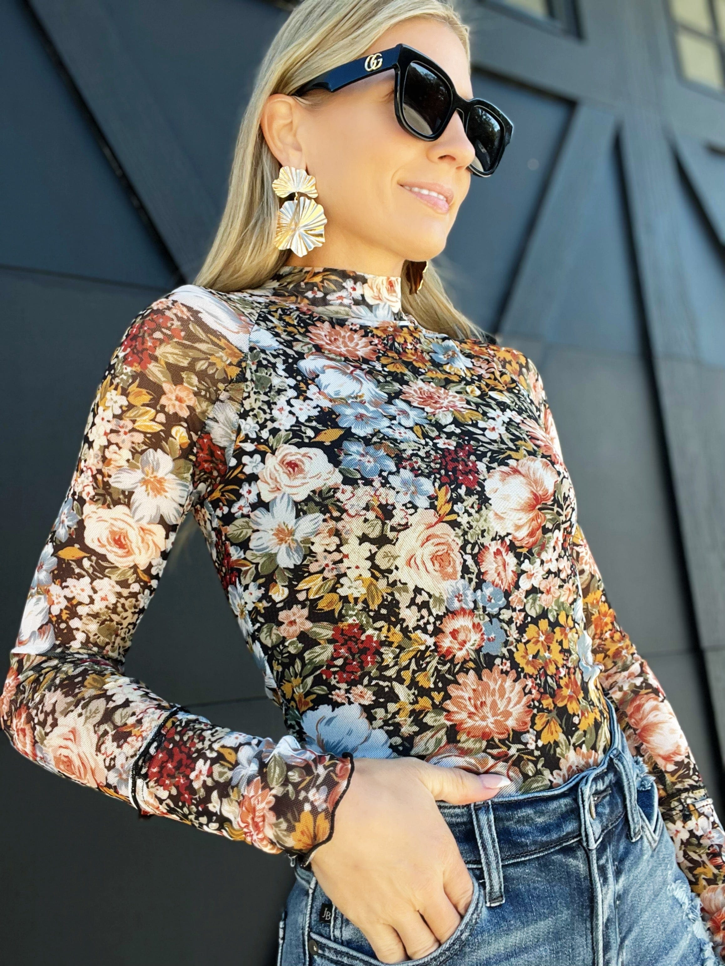 Floral Lined Mesh Long Sleeve Top-Black - Infinity Raine