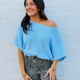Promesa Tops - Blouses Short Sleeve Pointelle Ribbed Knit Sweater In Light Blue