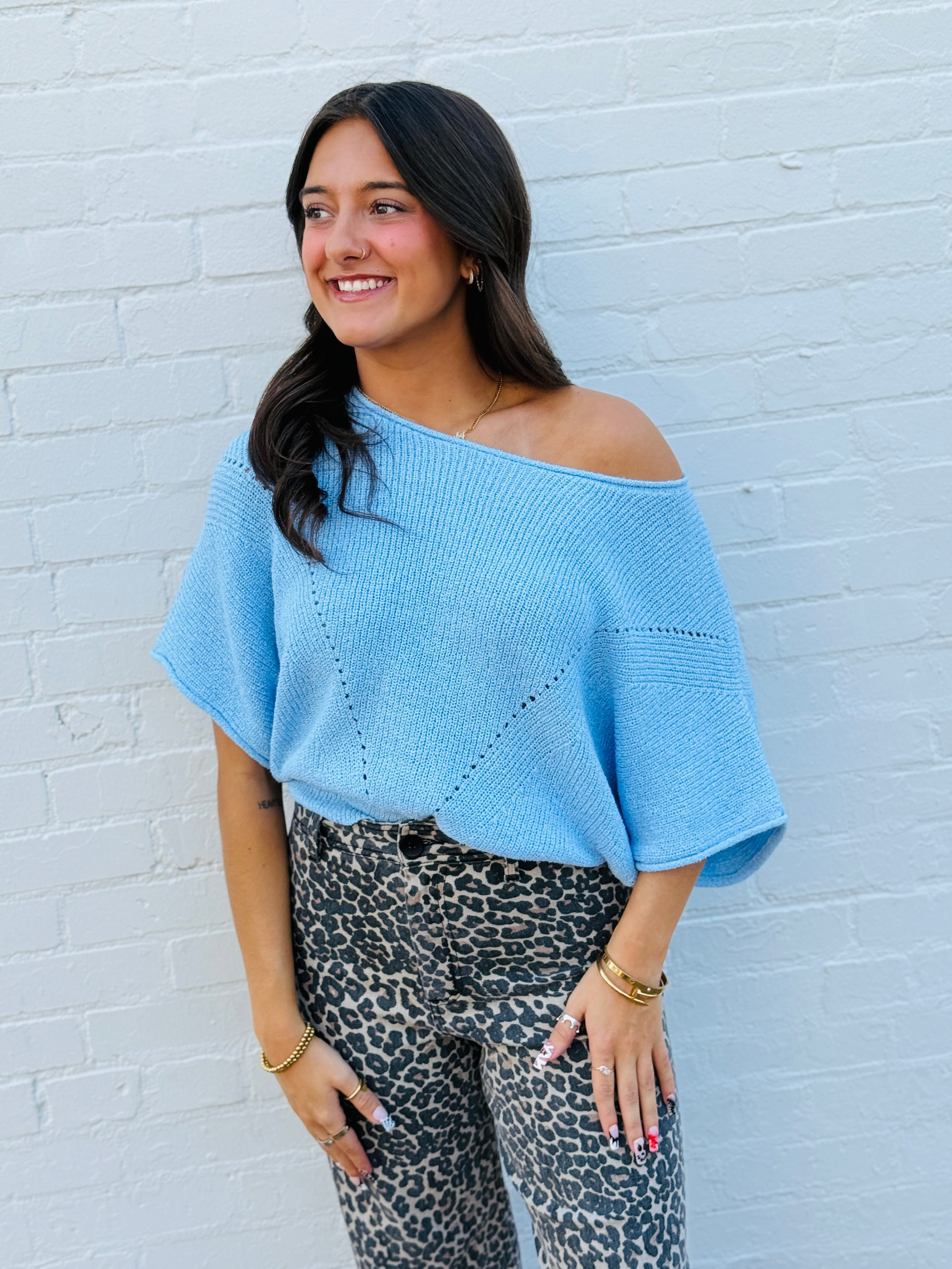 Promesa Tops - Blouses Short Sleeve Pointelle Ribbed Knit Sweater In Light Blue