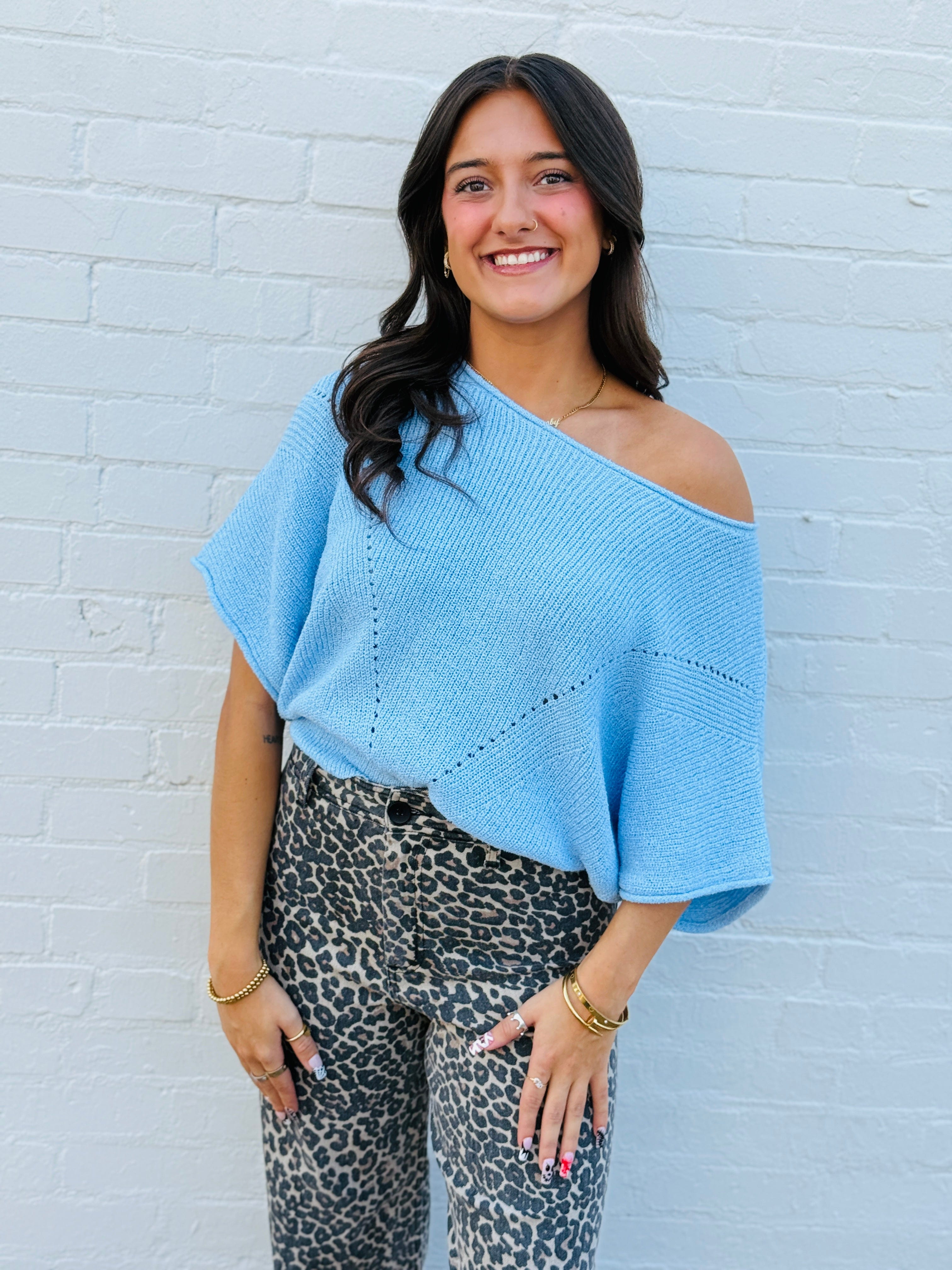 Promesa Tops - Blouses Short Sleeve Pointelle Ribbed Knit Sweater In Light Blue