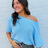 Promesa Tops - Blouses Short Sleeve Pointelle Ribbed Knit Sweater In Light Blue