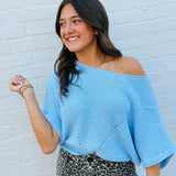 Promesa Tops - Blouses Short Sleeve Pointelle Ribbed Knit Sweater In Light Blue