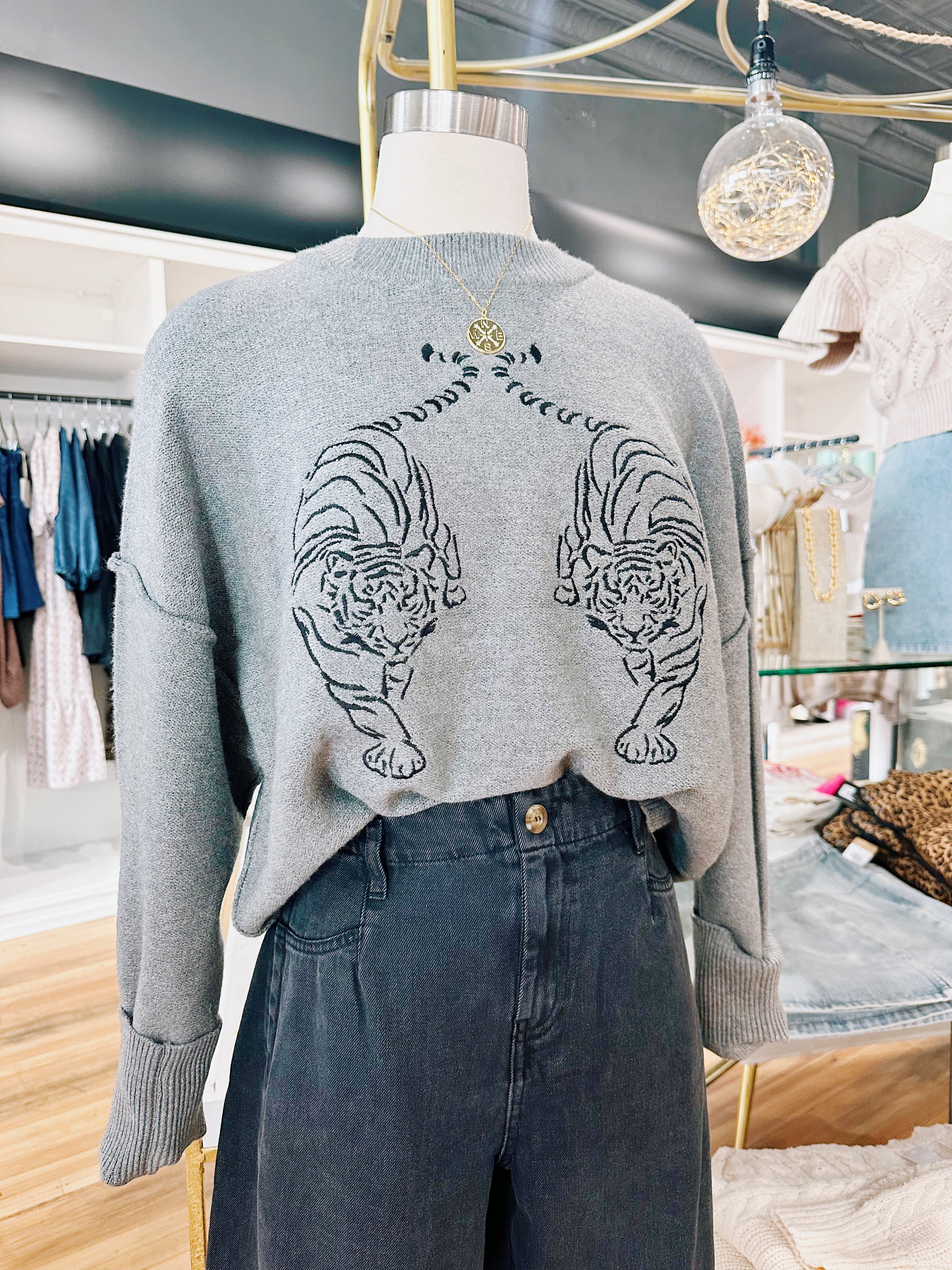 Promesa Tops - Sweaters Embroidered Tiger Exposed Seam Knit Sweater In Grey